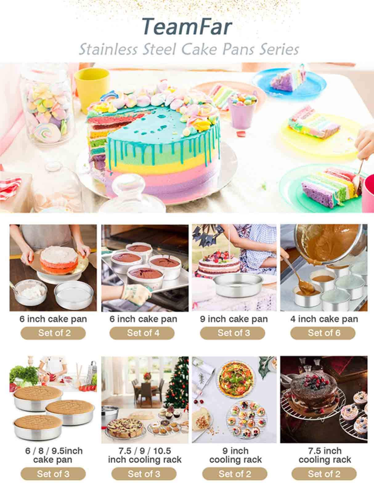 TeamFar 8 Inch Round Cake Pan Set - 4 Piece Stainless Steel Baking Pans for Cakes, Steaming & Oven Use | Mirror Finish, Dishwasher Safe & Durable | Perfect for Birthday Cakes, Wedding Tiers & Pressure Cooker Baking