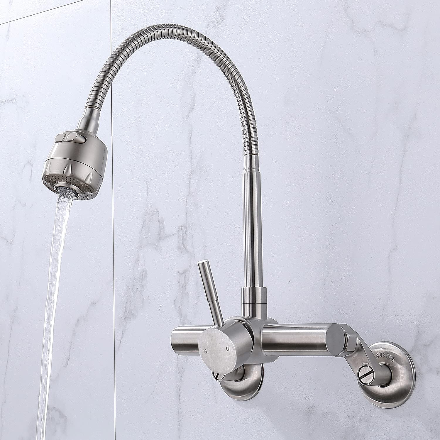 Homelava 8-Inch Brushed Nickel Wall Mount Kitchen Faucet - Single Handle Sprayer Mixer Tap with Stainless Steel Construction - Perfect for Bar Sinks, Wet Bars & Small Kitchenettes