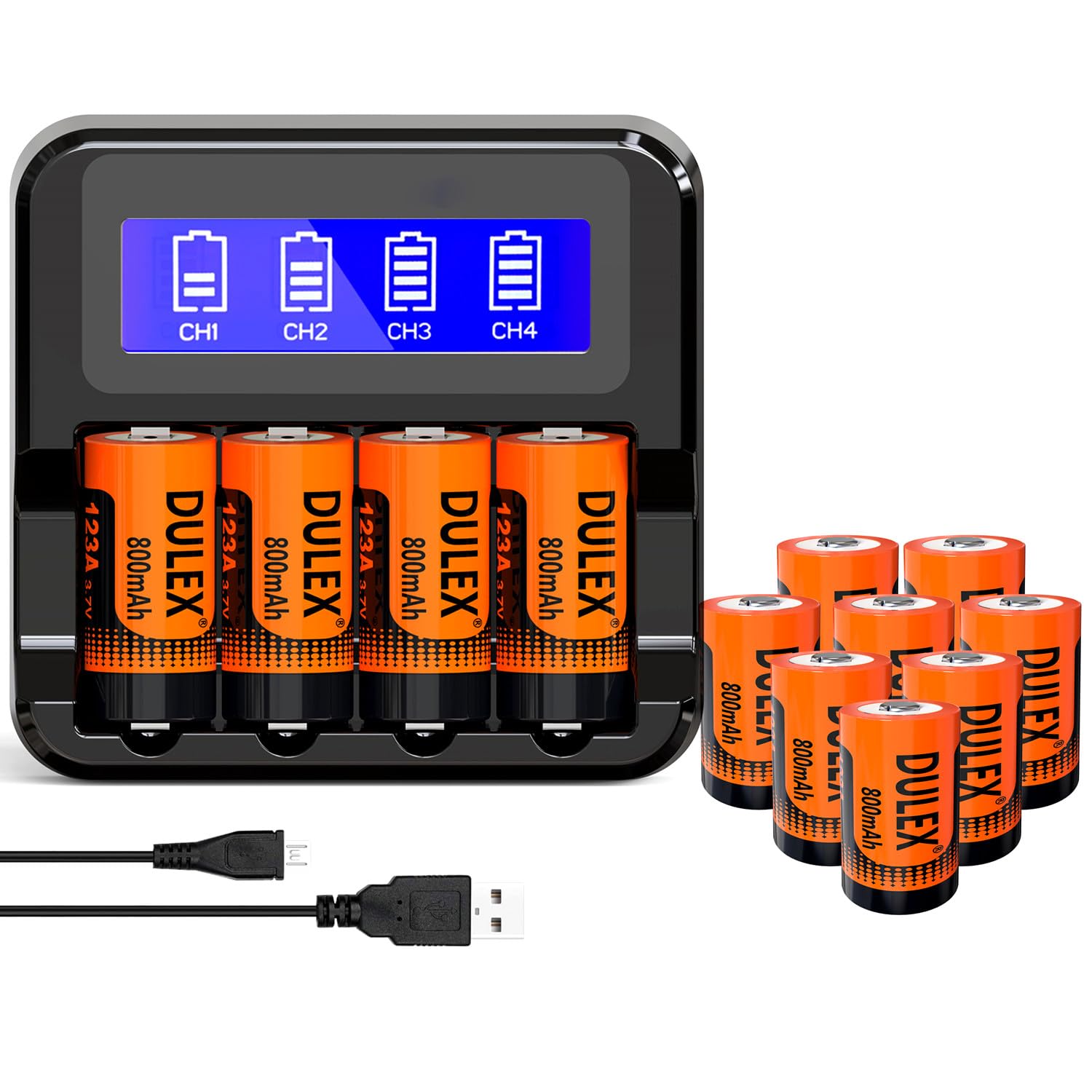 DULEX 8-Pack 123A Rechargeable Lithium Batteries with Charger - Compatible with Arlo VMS3130 VMC3030 3200 3330 3430 3530 Security Cameras - Long Lasting Power for Home Security Systems, Flashlights & Emergency Devices