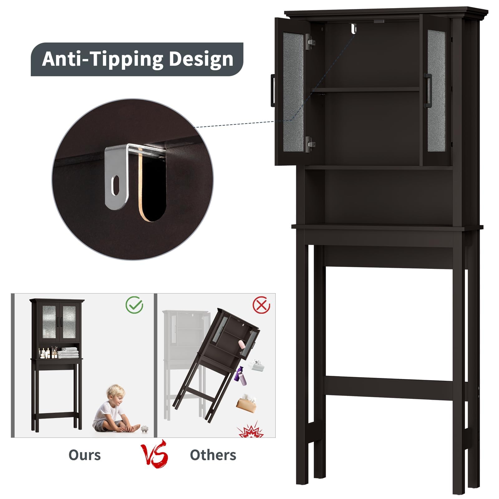 Over The Toilet Storage Cabinet with Glass Doors & Adjustable Shelf - Thick Frame Bathroom Organizer for Above/Behind Toilet - Espresso Finish - Perfect for Small Bathrooms, Apartments & Space-Saving Storage Solutions