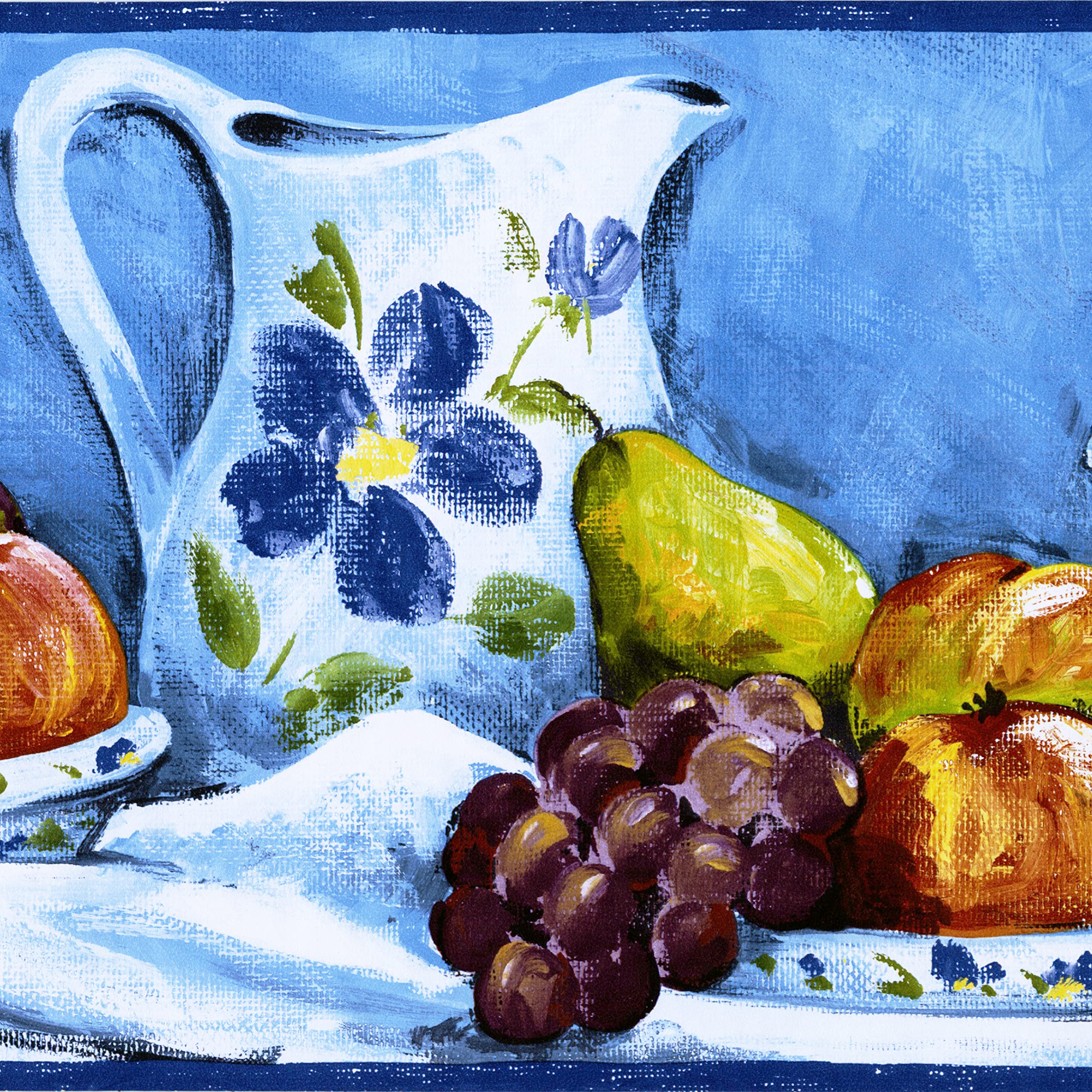 CONCORD WALLCOVERINGS ™ Farmhouse Kitchen Wallpaper Border - Fruits & Jars Pattern (Apples, Grapes, Pears) in Blue, White, Green, Brown, Yellow, Orange - 9