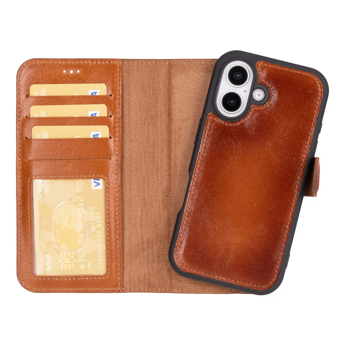 Premium Burnished Tan Leather Wallet Case for iPhone 16 (2024 Model) - Slim Protective Cover with Card Slots | Perfect for Everyday Use, Travel & Business
