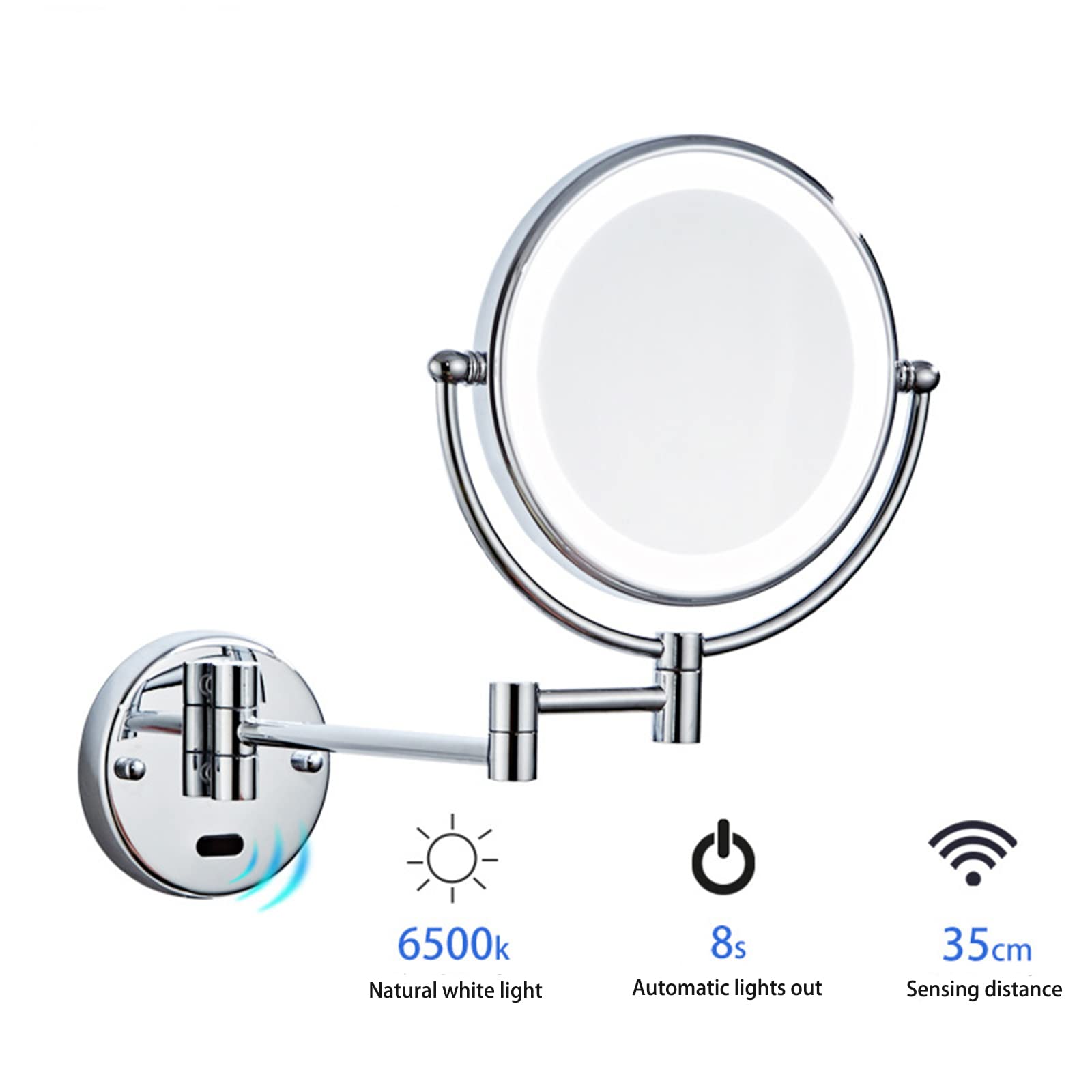 8 Inch Wall Mounted Double Sided 1X/10X Magnifying Makeup Mirror with LED Lights & Infrared Sensor - 360° Swivel Extendable Vanity Mirror for Bathroom, Shaving, Cosmetics Application | HD Black Hardwired Mirror for Perfect Grooming & Makeup