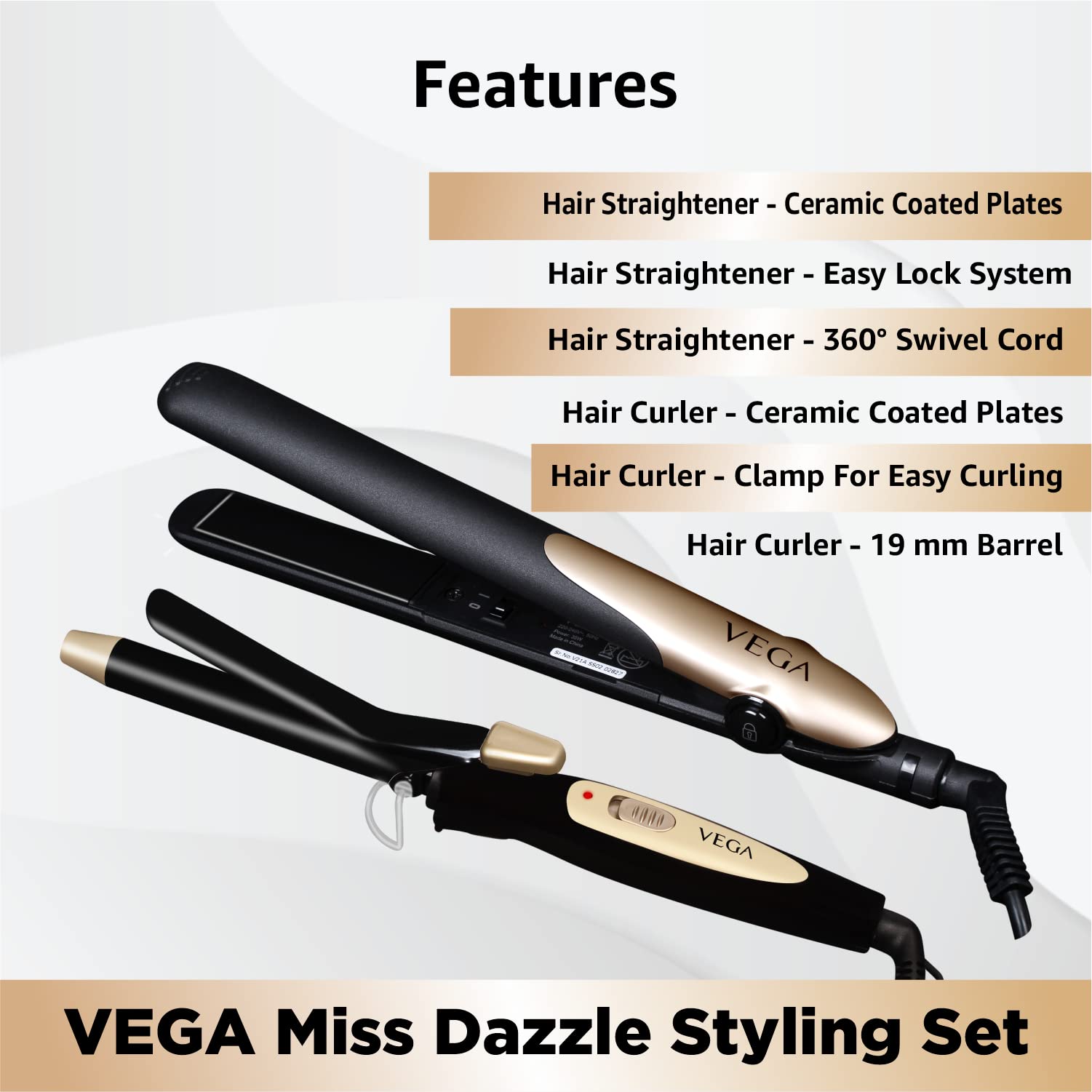 Vega Pro Touch 1800-2000W Professional Hair Dryer with 2 Nozzles, Ceramic Hair Straightener & 19mm Curling Iron - Salon Quality Styling Kit for Smooth, Shiny Hair at Home or Travel (Black)