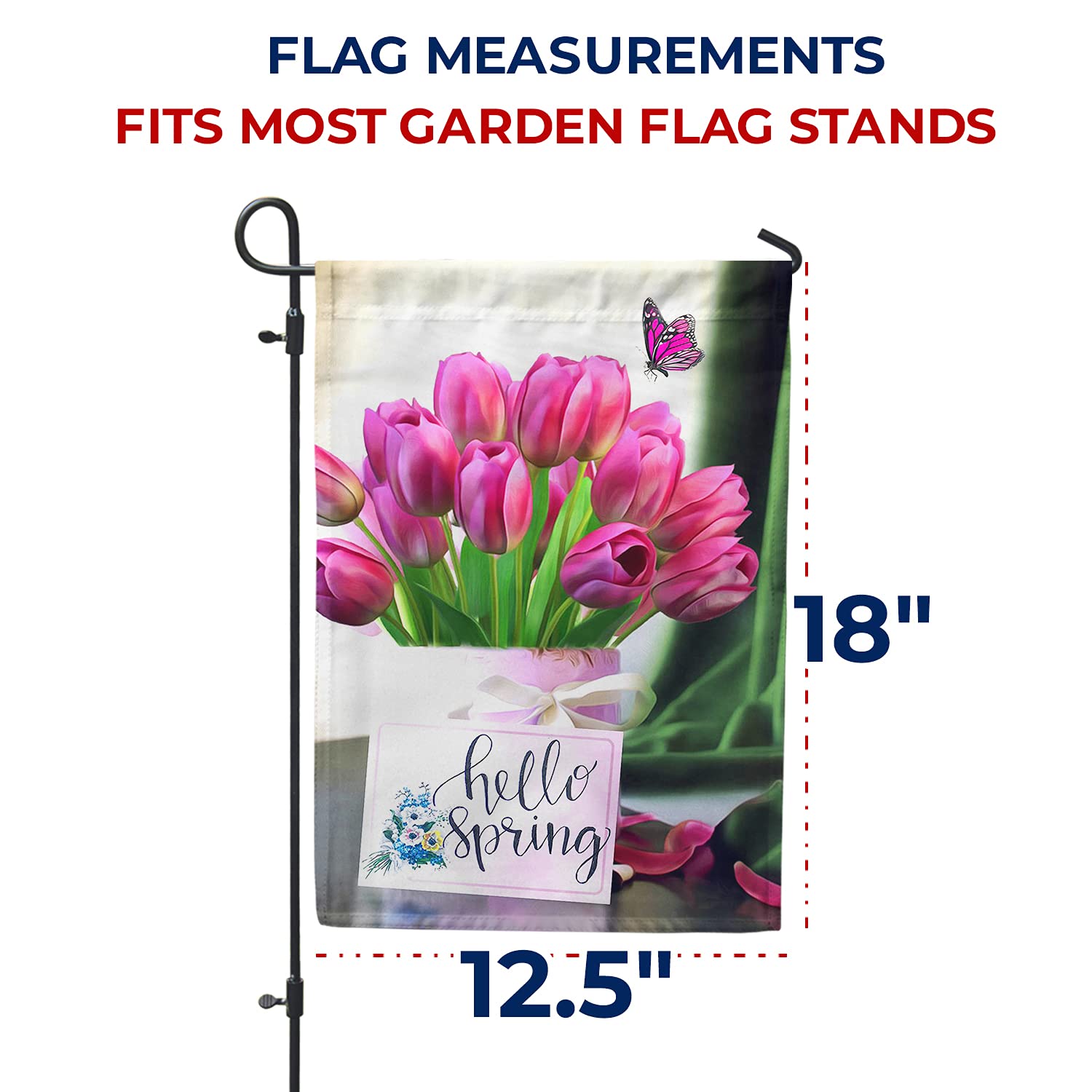 America Forever Hello Spring Garden Flag - 12.5 x 18 Inches Double Sided Outdoor Decoration with Tulips & Butterflies Design - Perfect for Spring Yard Decor, Front Porch Display & Seasonal Holiday Celebrations