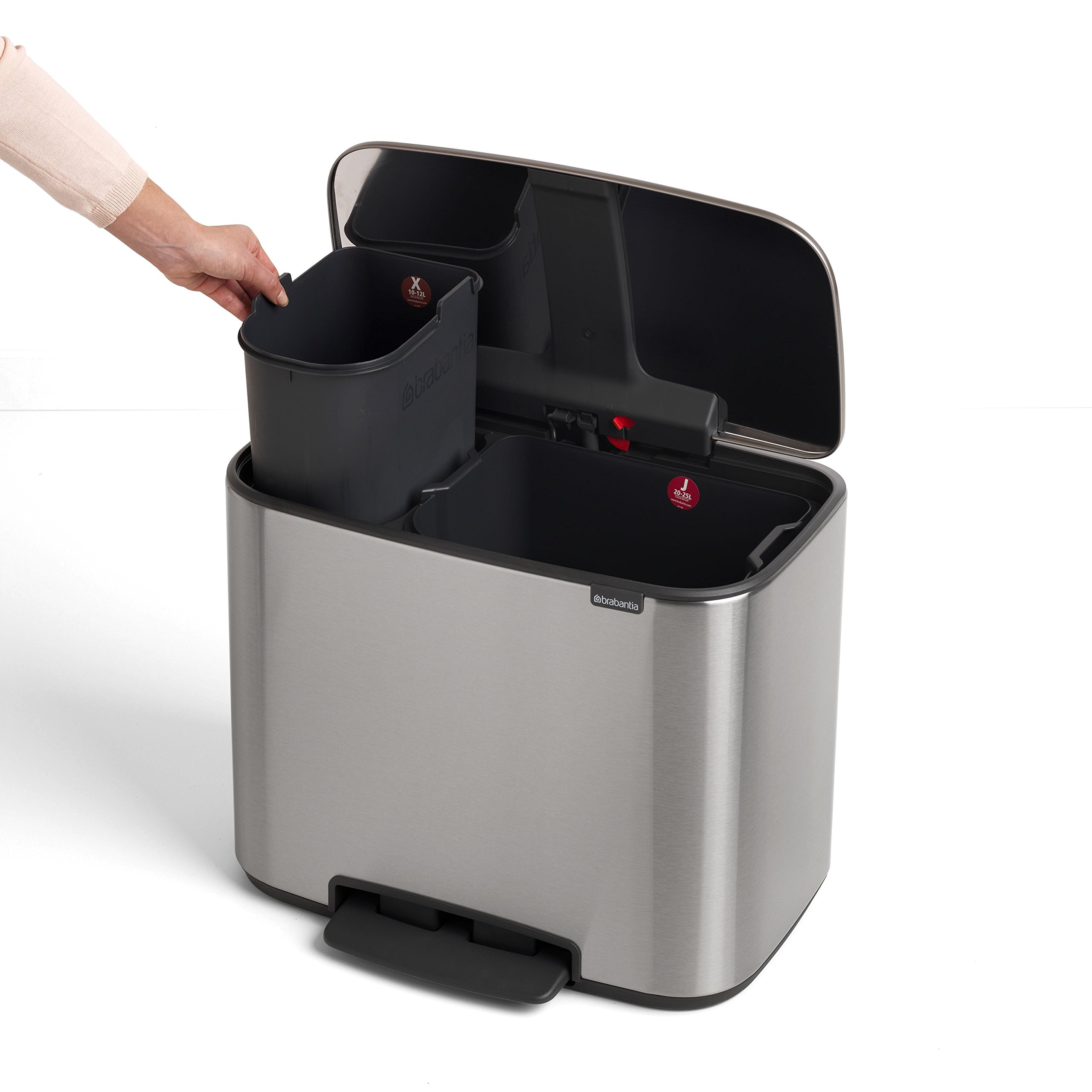 Brabantia Bo Step-On Pedal Trash Can - 3 & 6 Gallon Dual Compartment Waste & Recycling Bin with Removable Inner Buckets (Matt Steel) - Perfect for Kitchen, Office & Bathroom Organization