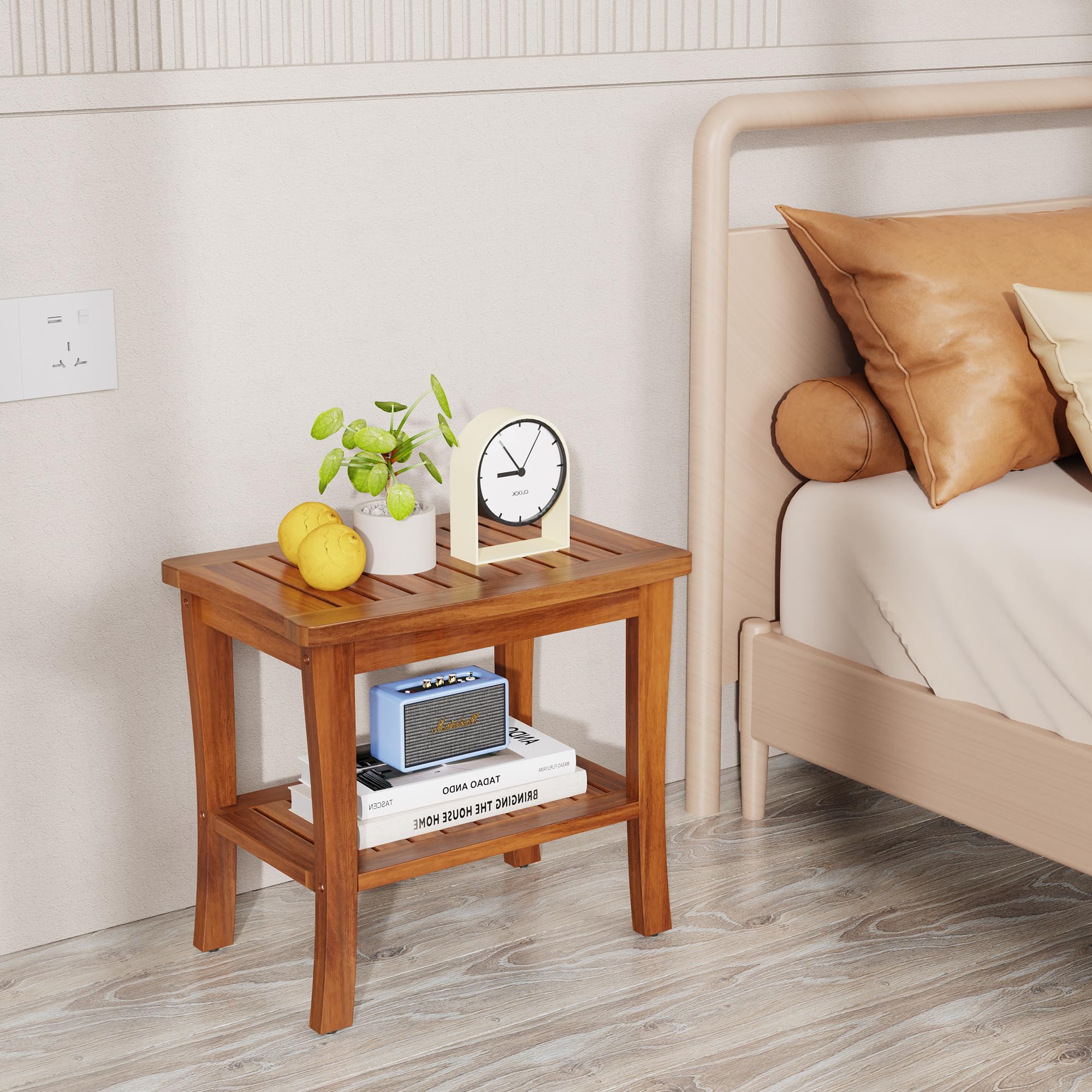 Premium Teak Wood Shower Bench with Storage Shelf | Waterproof Bathroom Stool with Non-Slip Feet | Spa & Shower Seat for Indoor/Outdoor Use | Perfect for Elderly, Disabled & Luxury Bathroom Organization