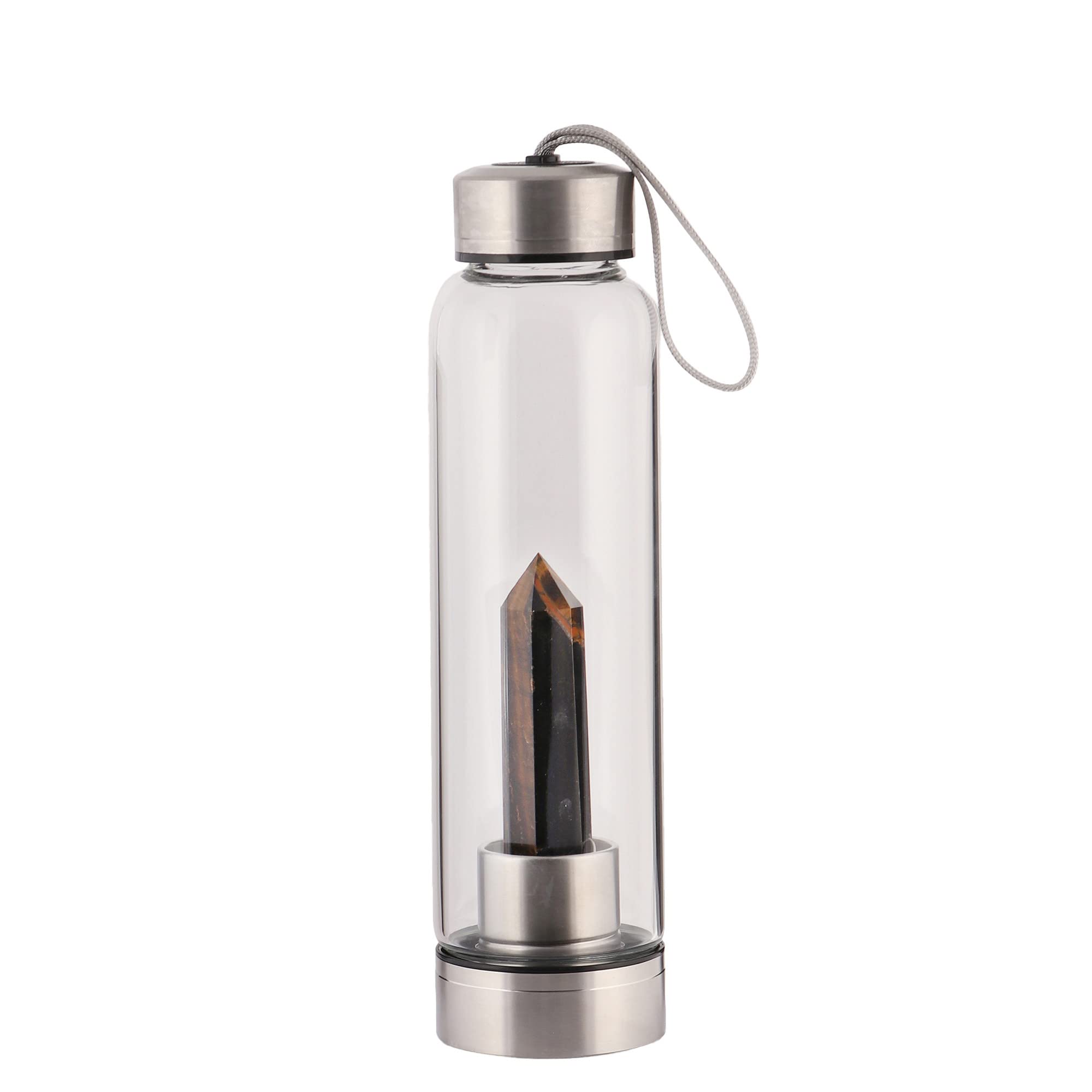 GEMHUB Crystal Glass Water Bottle with Natural Gemstone Center - Tiger Eye Healing Wand for Positive Energy, Chakra Balancing & Spiritual Wellness | Perfect for Yoga, Meditation, Reiki & Daily Hydration