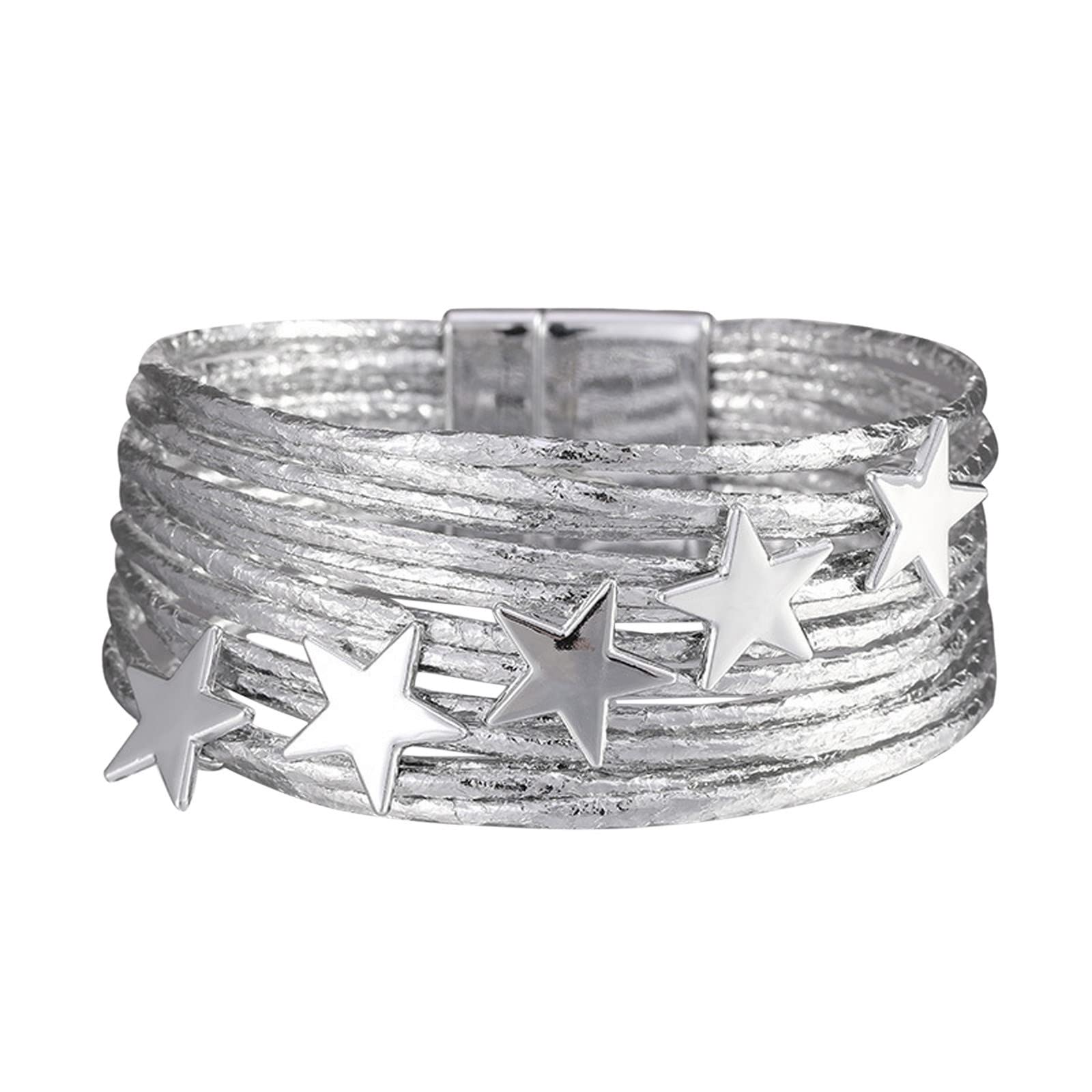 Elegant Bridal Party Jewelry Set - Women's Leather Cuff Bracelet with Magnetic Clasp, Multi-Layer Wrap Star Bracelet in Silver (One Size) | Perfect for Weddings, Bridal Showers & Special Occasions