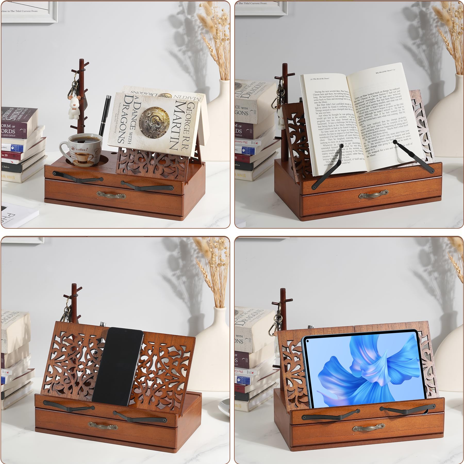 Wooden Book Stand for Hands-Free Reading - Adjustable Triangle Book Holder with Cup, Glasses, Pen & iPad Holder - Book Page Holder Stand with Drawer - Perfect Gift for Book Lovers - Ideal for Home, Office & Library Use