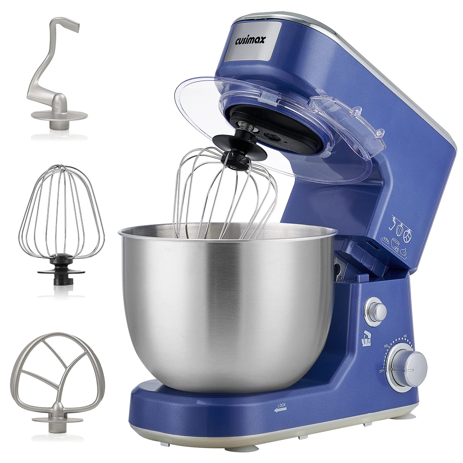 CUSIMAX 5-QT Stand Mixer with Stainless Steel Bowl - Tilt-Head Electric Kitchen Mixer Includes Dough Hook, Beater & Whisk - Splash Guard, Blue - Perfect for Baking Cakes, Cookies & Kneading Dough