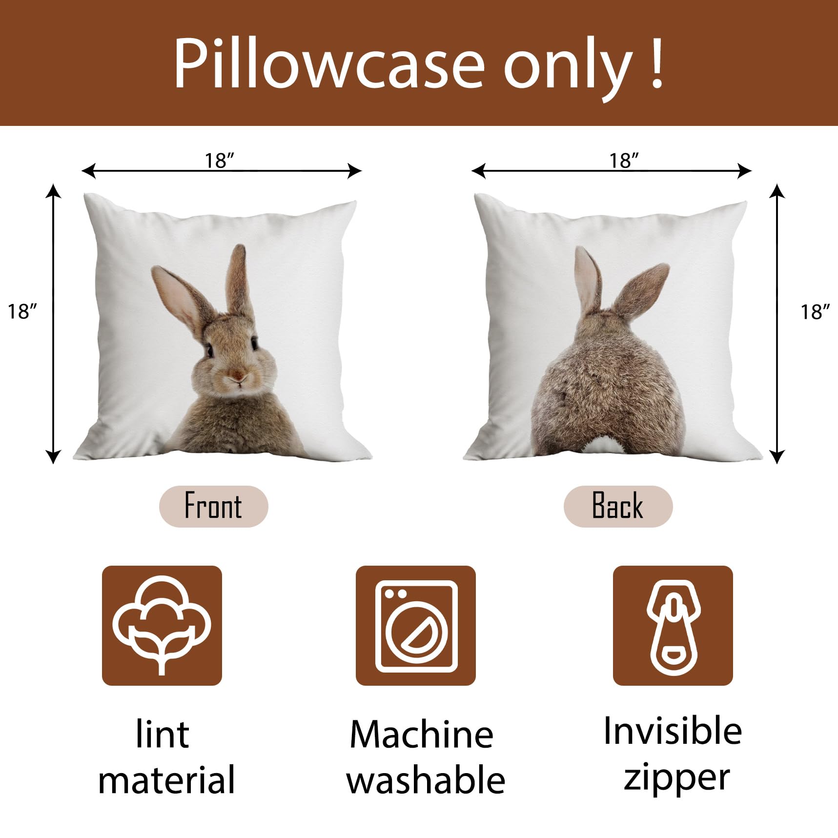 Huester 18x18 Inch Bunny Pillow Covers - Reversible Easter Throw Pillow Cases for Sofa, Bed, Farmhouse Decor - Cute Rabbit Themed Cushion Covers for Kids Room, Nursery & Rabbit Lovers Gift (Perfect for Easter Decorations, Spring Home Accents & Cozy Living Room Styling)
