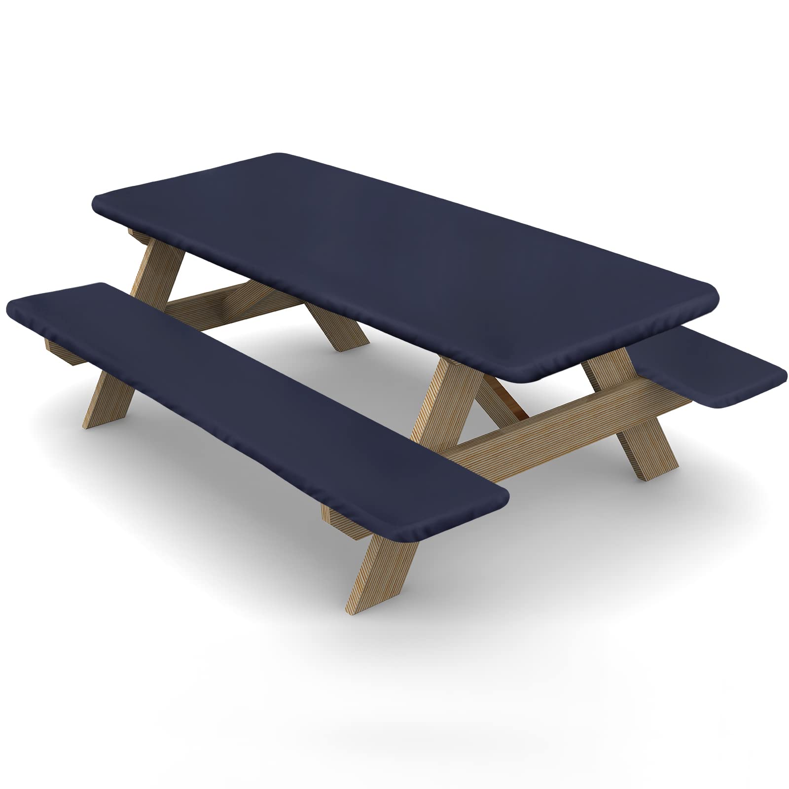 Ruisita 3-Piece Picnic Table and Bench Set with Navy Blue Vinyl Fitted Tablecloth Cover - 72 Inches - Waterproof Outdoor Dining for Backyard, Park, and Camping