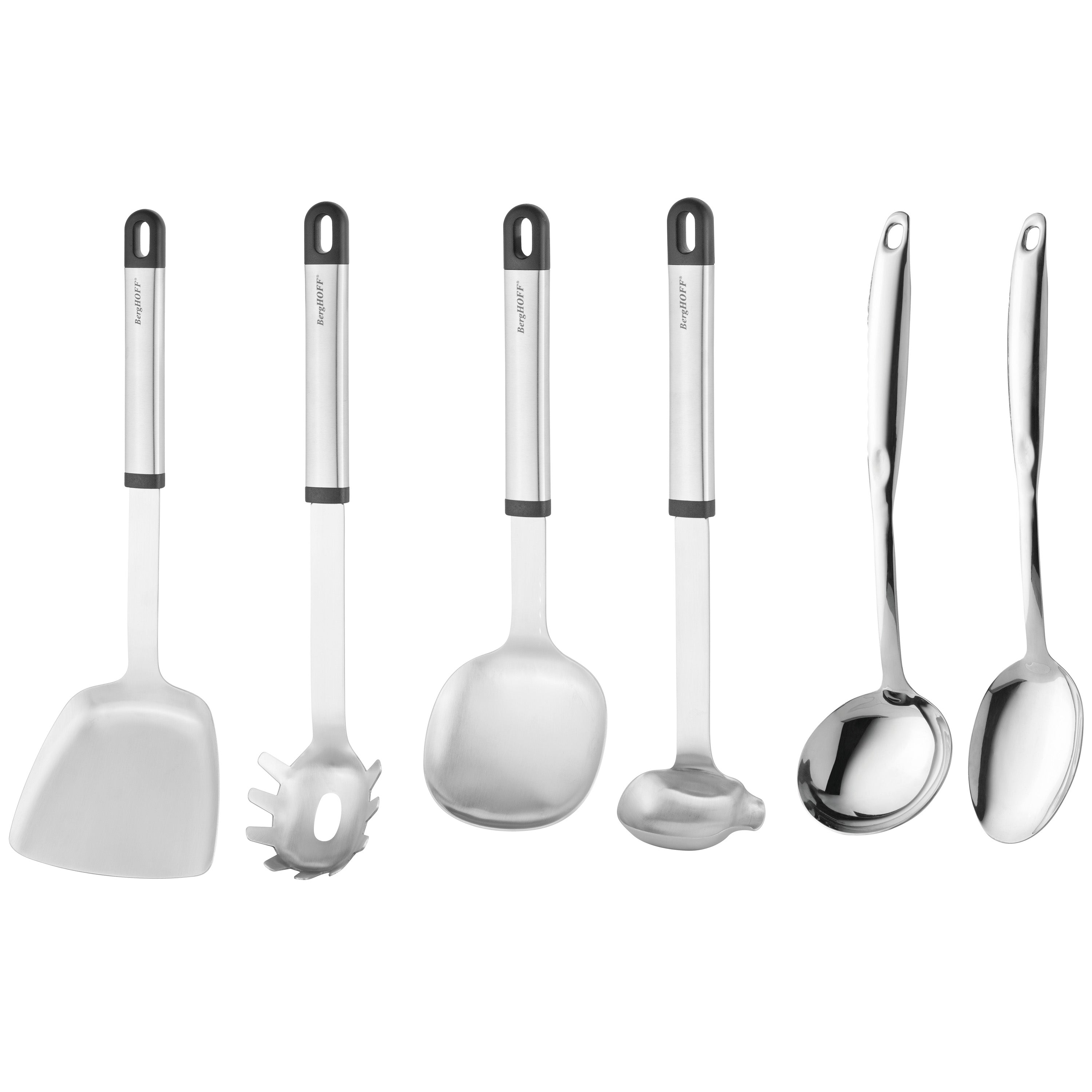 BergHOFF Essential 6-Piece Stainless Steel Kitchen Utensil Set - Cooking Spoon, Spatula, Slotted Spoon, Ladle, Turner & Tongs - Perfect for Frying, Baking & Serving (Dishwasher Safe)