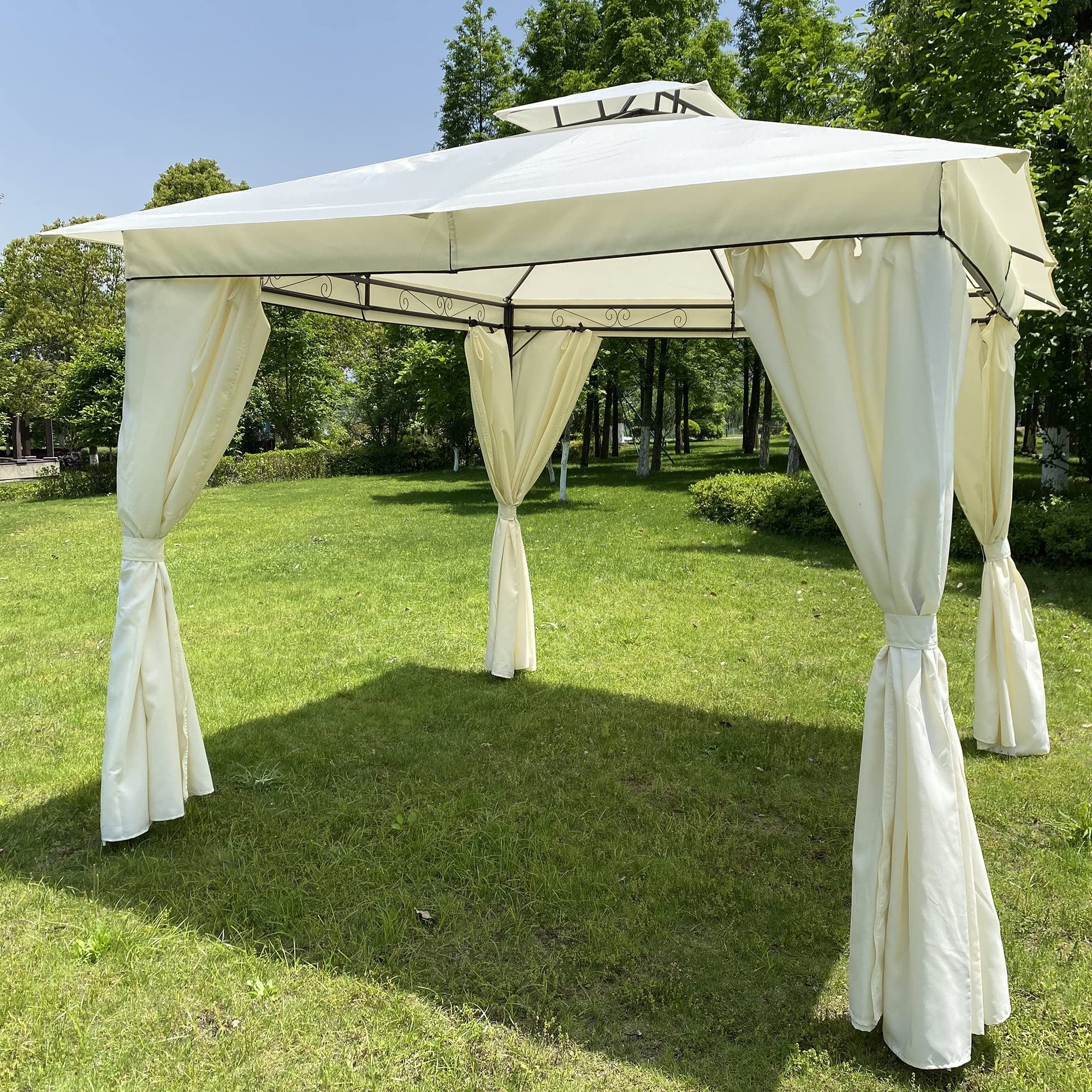 10x10 FT Outdoor Patio Garden Gazebo Tent with Canopy & Curtains - Beige & Dark Shade for Backyard, Deck, or Poolside Relaxation