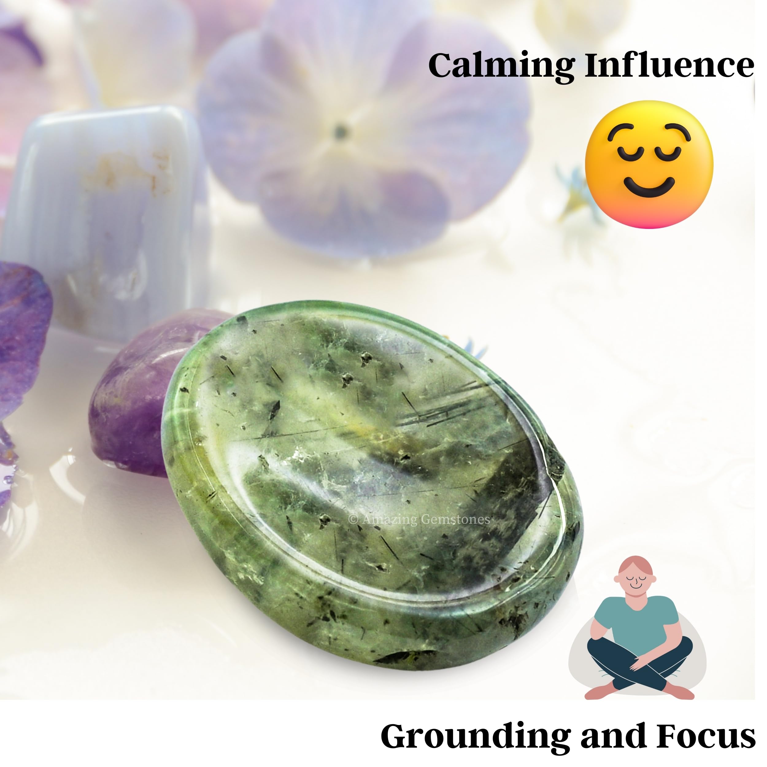 Prehnite Worry Stone & Healing Crystals for Stress Relief - Natural Meditation Stones for Anxiety, Calming & Relaxation - Unique Gifts for Women & Men - Perfect for Meditation, Yoga, Office Desk & Travel Stress Relief