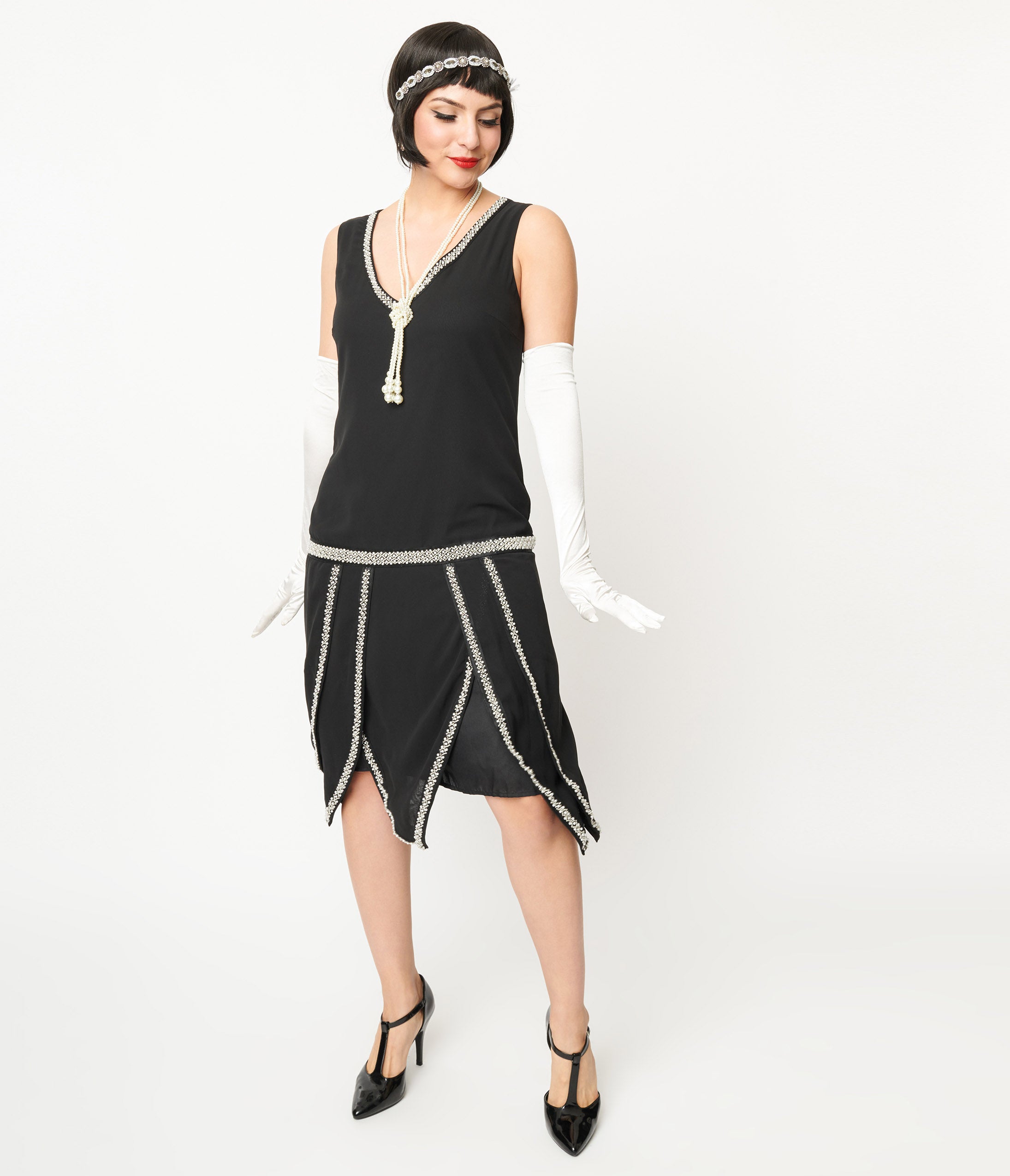 Vintage 1920s Black & Pearl Beaded Flapper Dress - Roaring Twenties Gatsby Party Costume for Women, Halloween Outfit, Speakeasy Theme Event