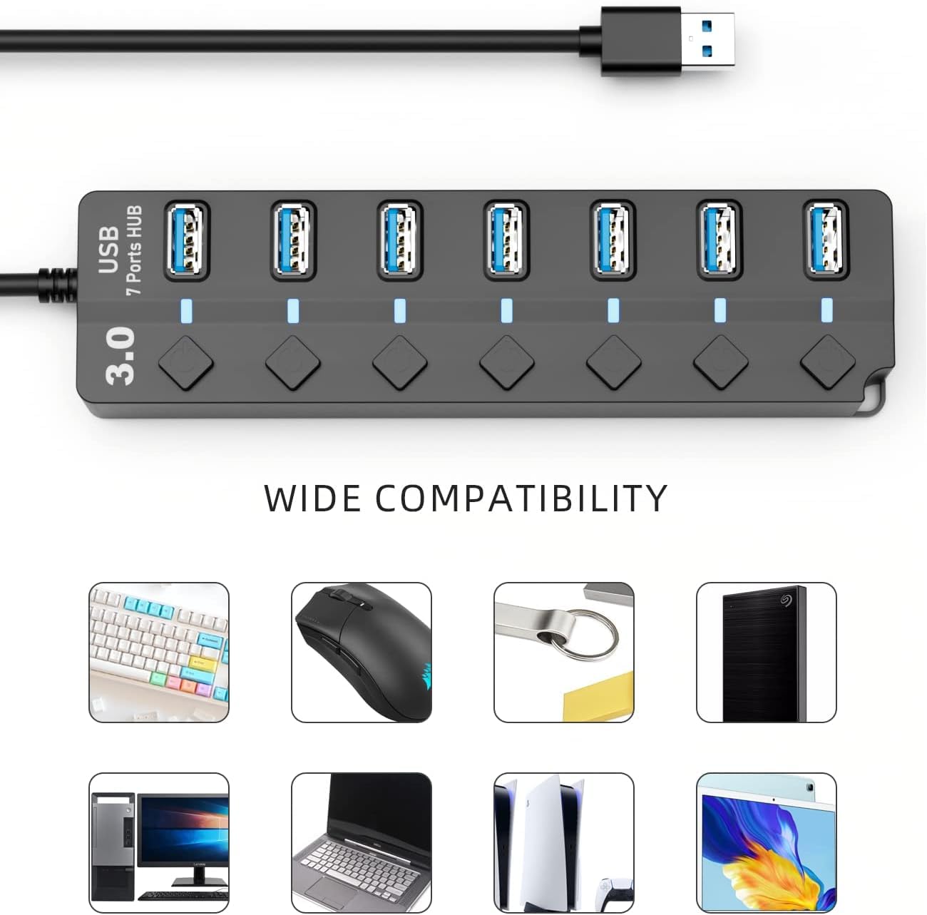 7-Port USB 3.0 Hub with 26cm Cable - High Speed Powered USB Hub for Laptop, PC, MacBook, PS5 - Data Transfer & Charging Multiport Adapter for Office, Gaming & Home Use