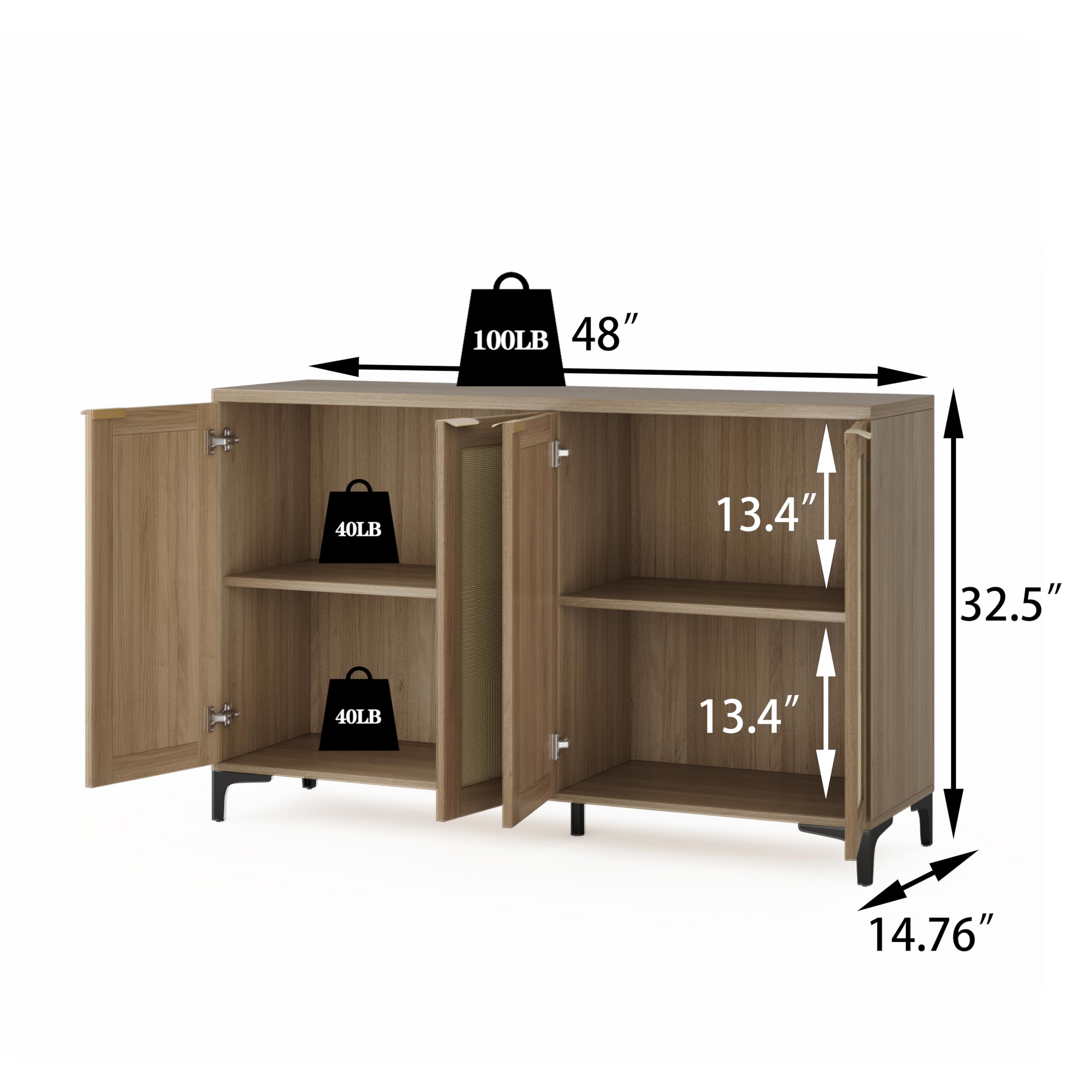 Rattan Sideboard Buffet Cabinet with 4 Doors, Adjustable Shelves & Metal Feet - Natural Wood Storage Console for Dining Room, Living Room | Perfect for Home Decor, Entertaining Guests & Organizing Dishes