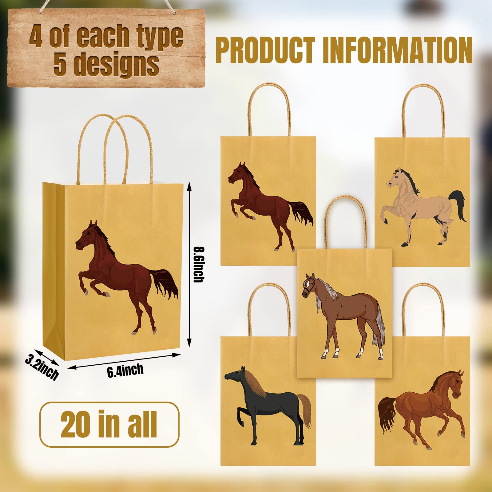 20 Pcs Horse Themed Party Favor Bags with Handles - Western Cowgirl Cowboy Birthday Party Supplies, Horse Racing Event Treat Bags for Candy & Goodies | Perfect for Birthday Parties, Baby Showers & Equestrian Events