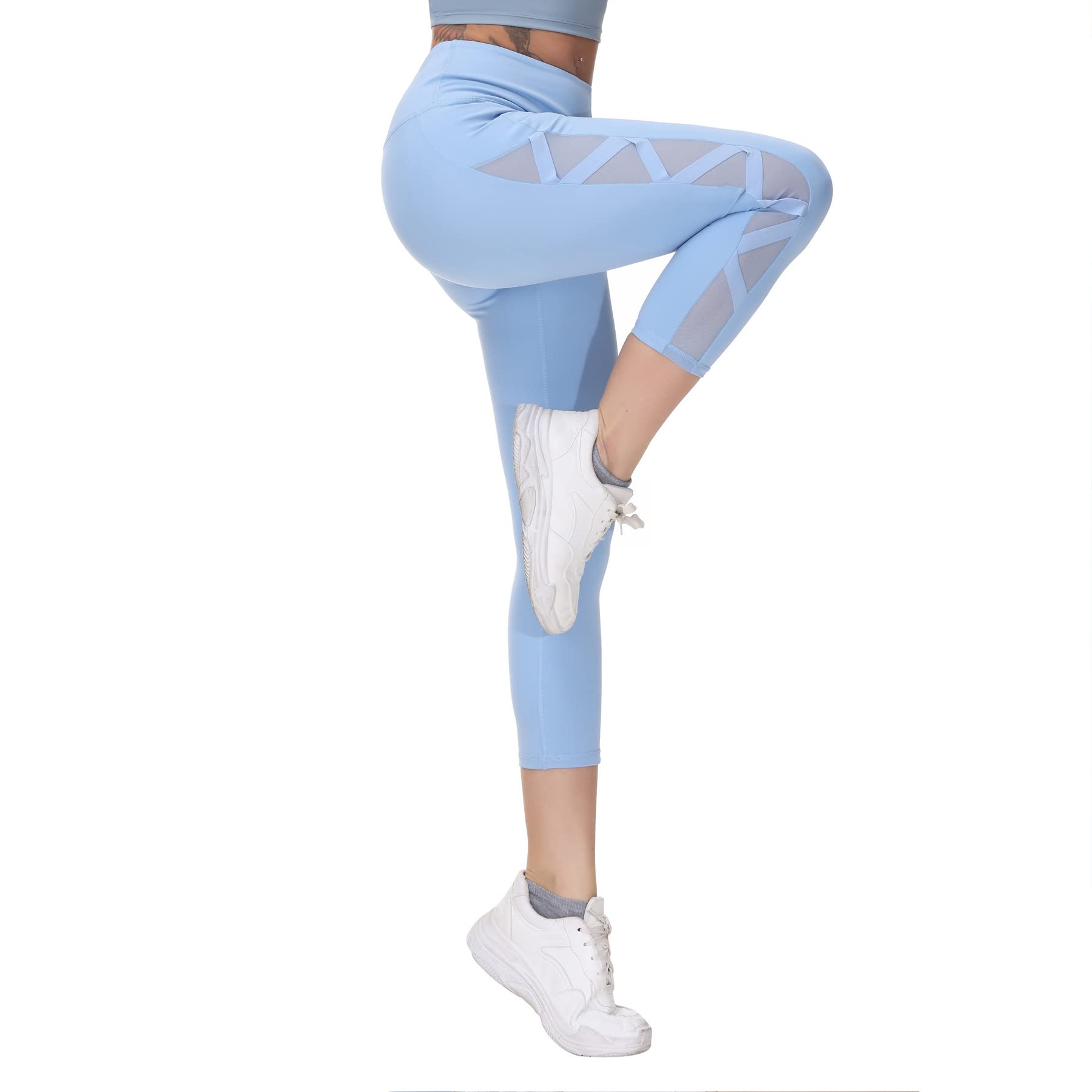 Romansong Women's High Waisted Yoga Pants with Pockets - 4-Way Stretch Tummy Control Mesh Capri Leggings, Non See-Through Workout & Lounge Wear for Yoga, Gym, Running & Daily Comfort