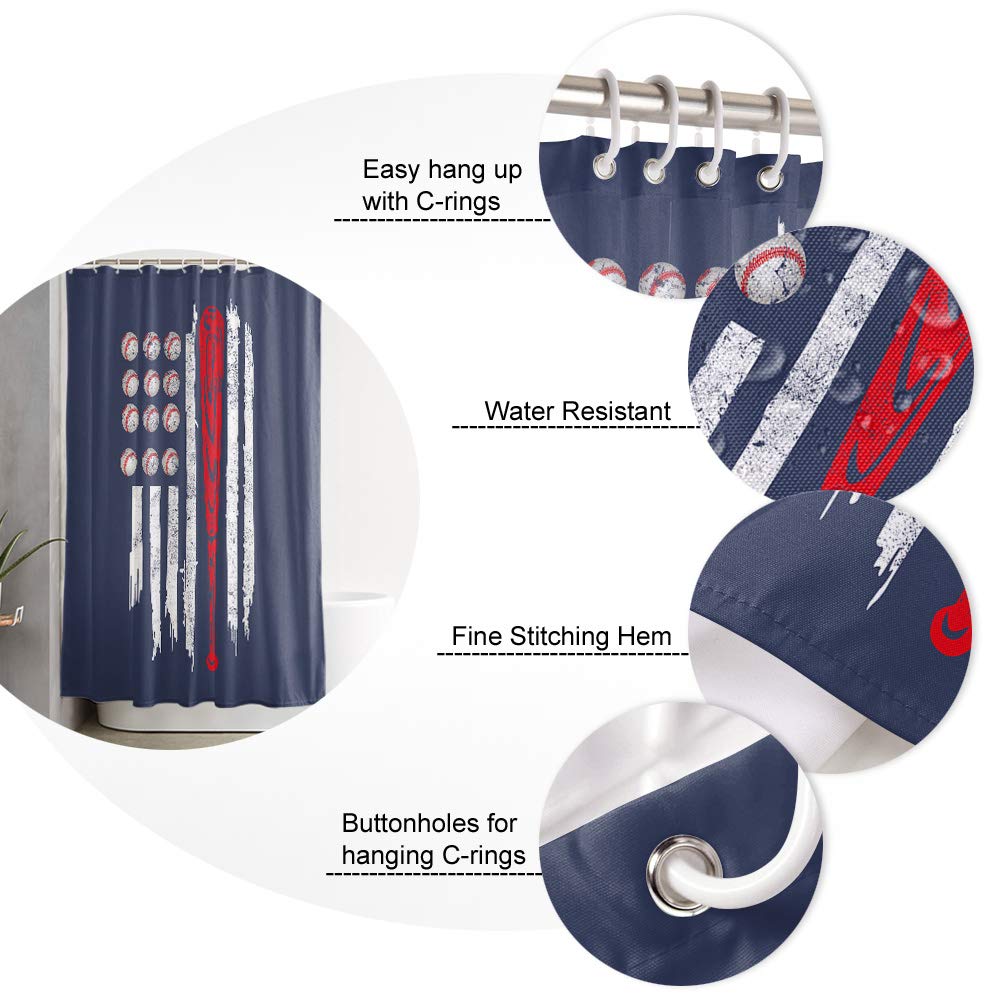 American Flag Baseball Design Bathroom Shower Curtain - Durable Waterproof Polyester Fabric with Plastic Hooks (54x78 inches) for Sports-Themed Home Decor | Perfect for Baseball Fans' Bathrooms, Game Day Parties & Patriotic Bedroom Themes