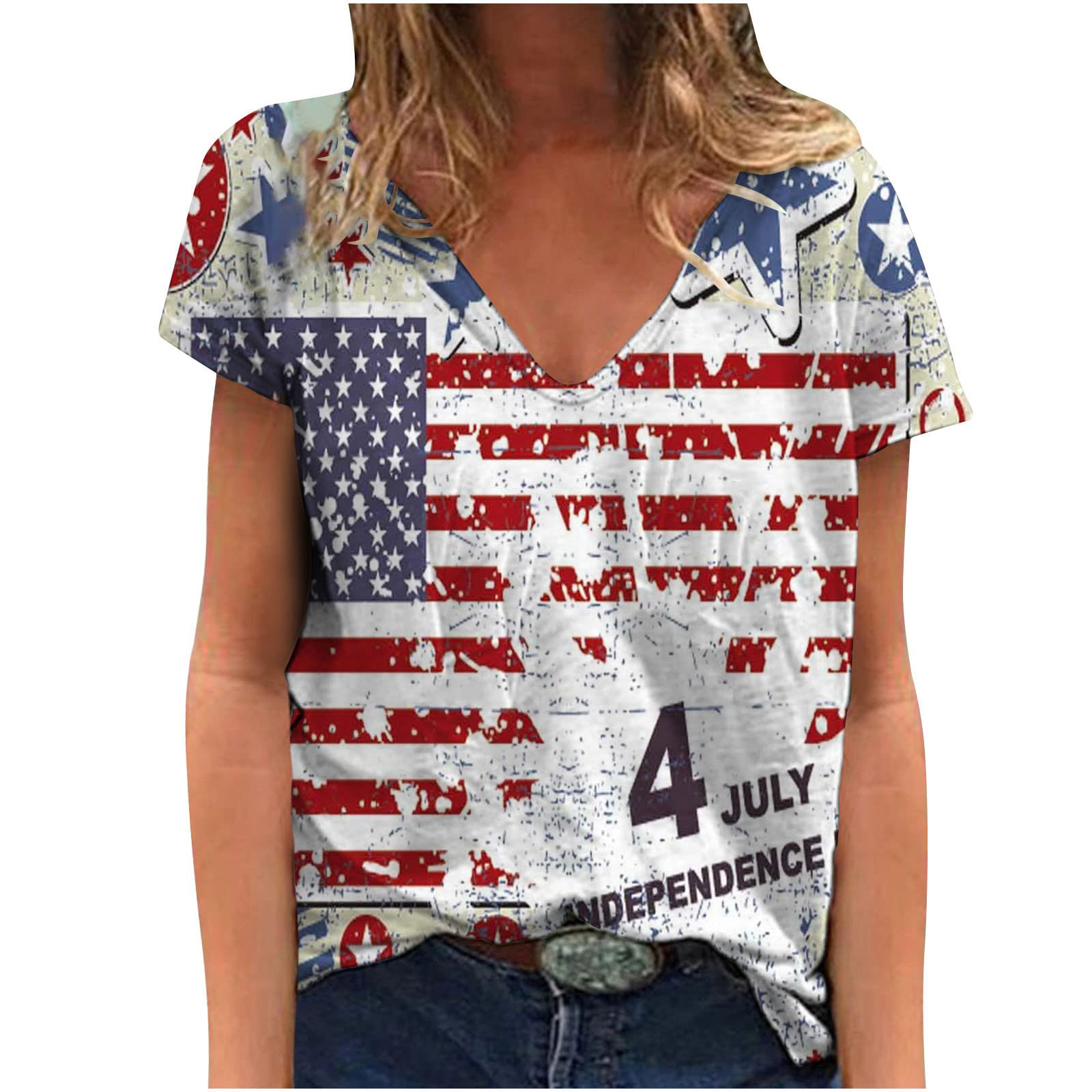 Women's Red White Blue Star Striped Short Sleeve V-Neck T-Shirt - 4th of July Patriotic American Flag Print Blouse for Independence Day Parties, BBQ Gatherings & Summer Festivals