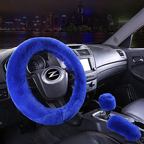 5-Piece Winter Car Accessories Set - Faux Wool Steering Wheel Cover, Handbrake Cover, Gear Shift Cover & Seat Belt Shoulder Pads (Blue) - Warm & Comfortable for Cold Weather Driving