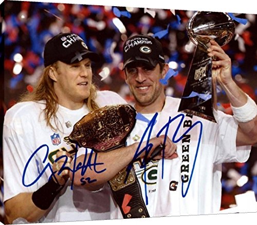 Aaron Rodgers & Clay Matthews Autographed Canvas Wall Art - Championship Belt & Trophy - 24x36 - Perfect for Sports Fans & Man Cave Decor