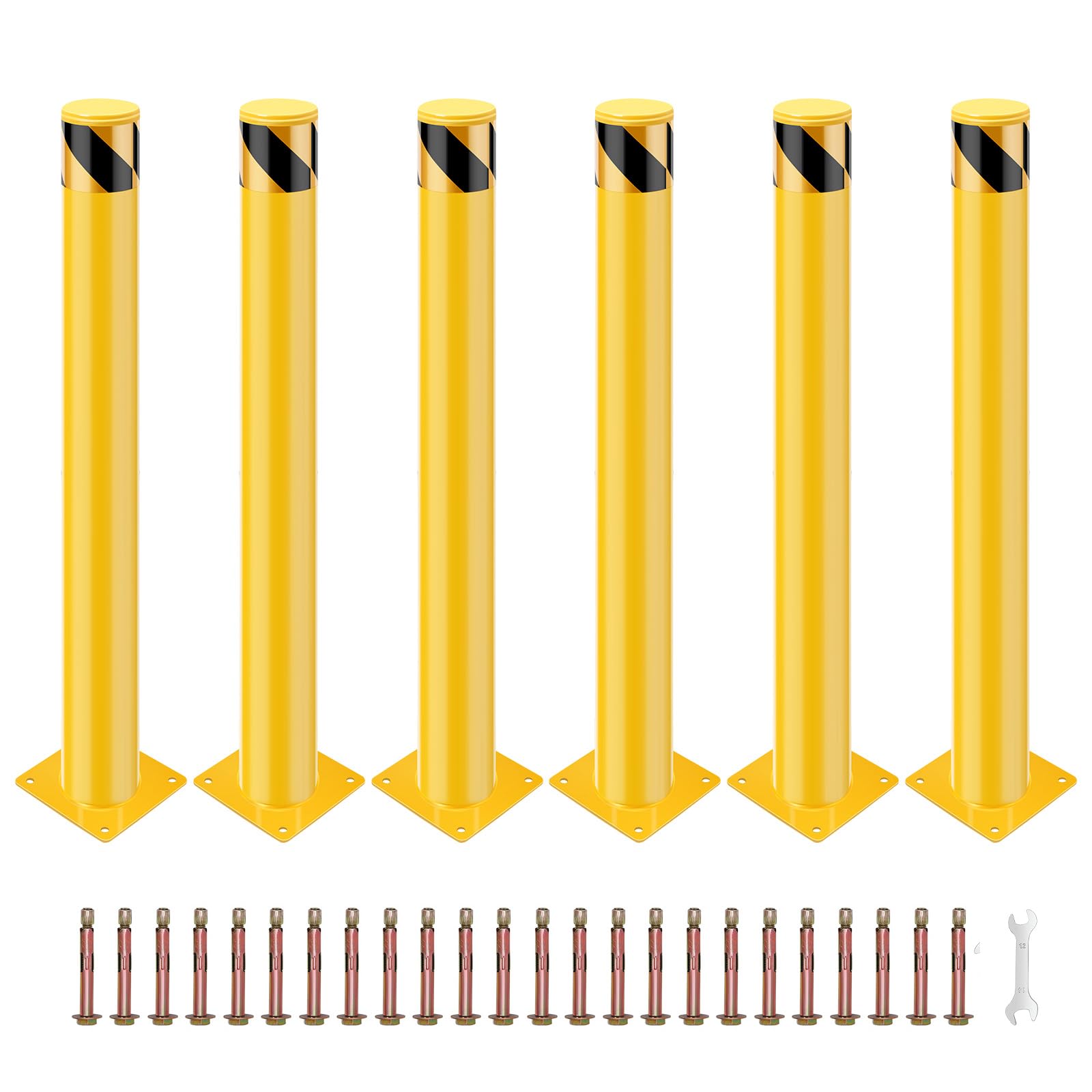 42 x 4.5 Inch Heavy Duty Removable Steel Safety Bollard Posts - Yellow Parking Barriers (6 Pack) for Driveway, Warehouse & Traffic Control
