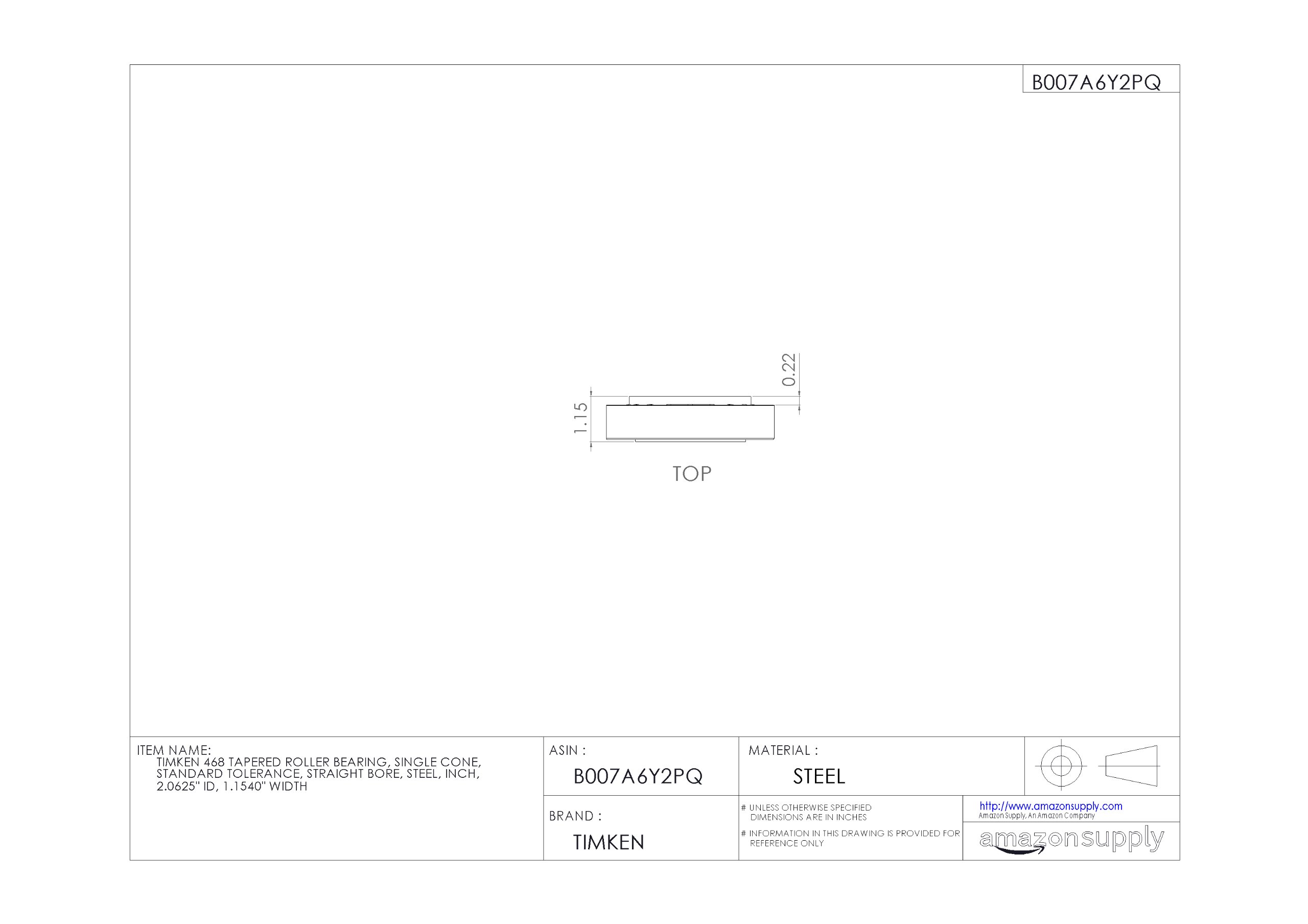 Timken 468 Tapered Roller Bearing - Single Cone, Standard Tolerance, Straight Bore, Steel Construction, 2.0625