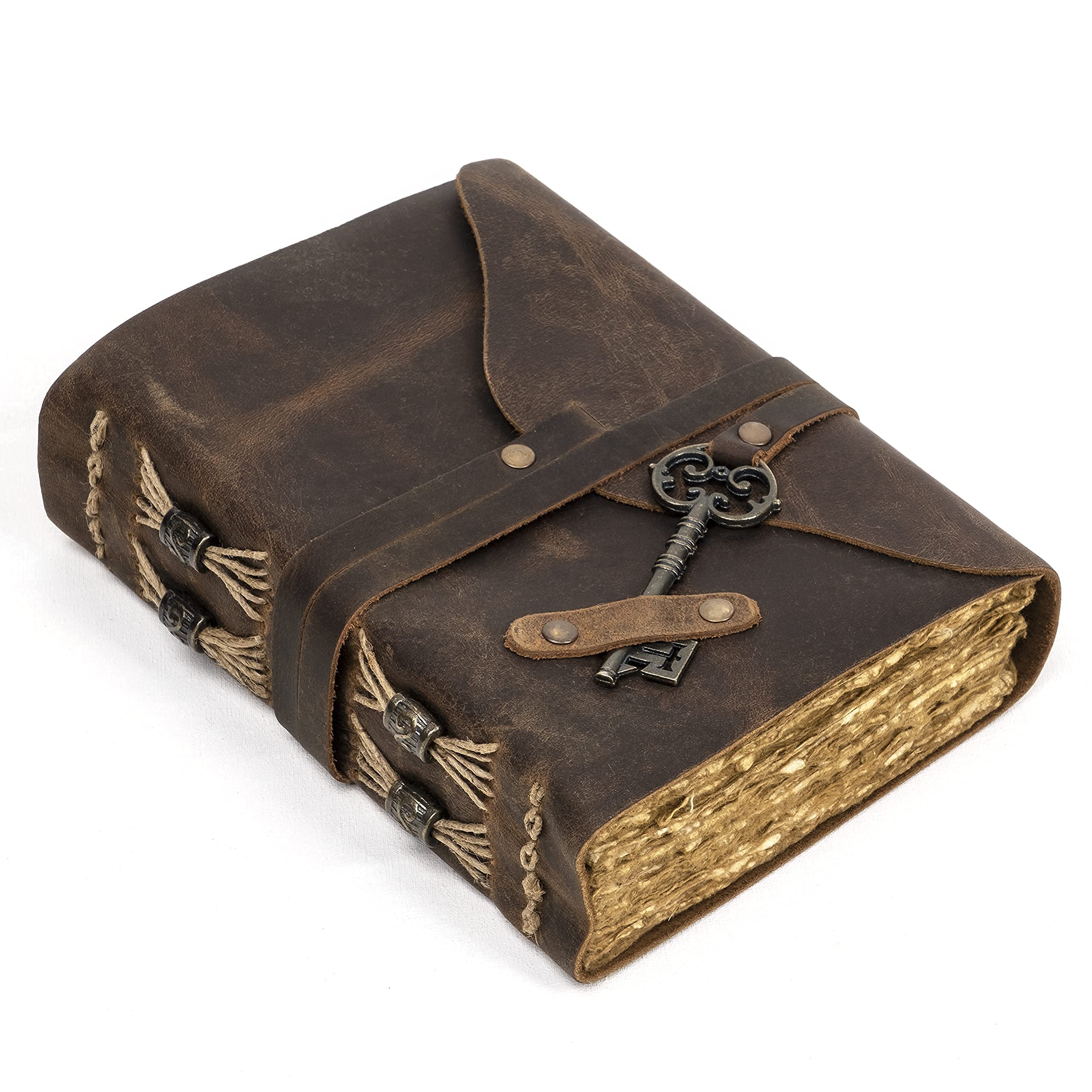 Vintage Leather Journal for Men & Women - 240 Pages Handmade Deckle Edge Paper with Antique Key, Old Looking Diary, Grimoire & Book of Shadows | Perfect for Sketching, Mixed Media Art & Witchcraft Practices