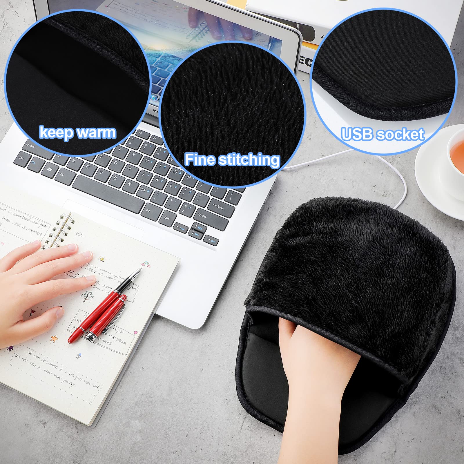 2 Pack USB Heated Mouse Pad with Hand Warmer - Plush Electric Warming Pad for Office & Home Computer Use - Removable Cozy Mousepad for Men & Women (Black) - Perfect for Cold Weather & Winter Workspaces