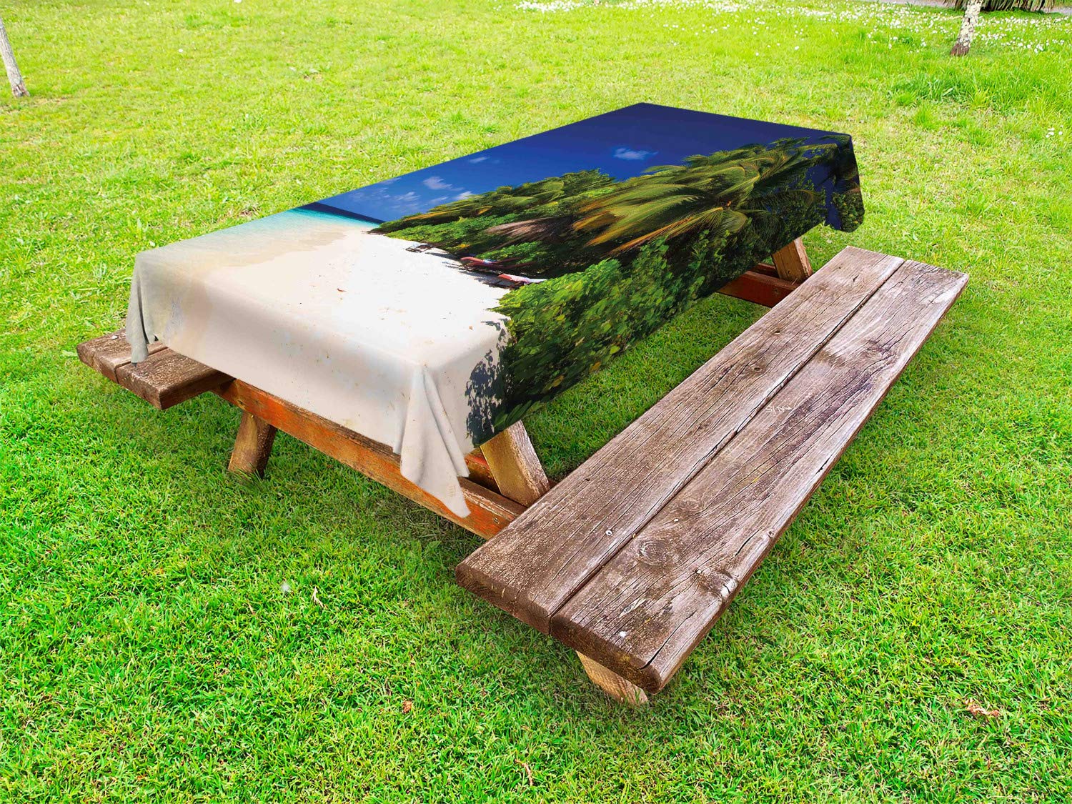 Ambesonne Tropical Outdoor Tablecloth - Sandy Beach Coast with Exotic Trees Maldives Paradise Scenery - Washable Picnic Table Cover 58
