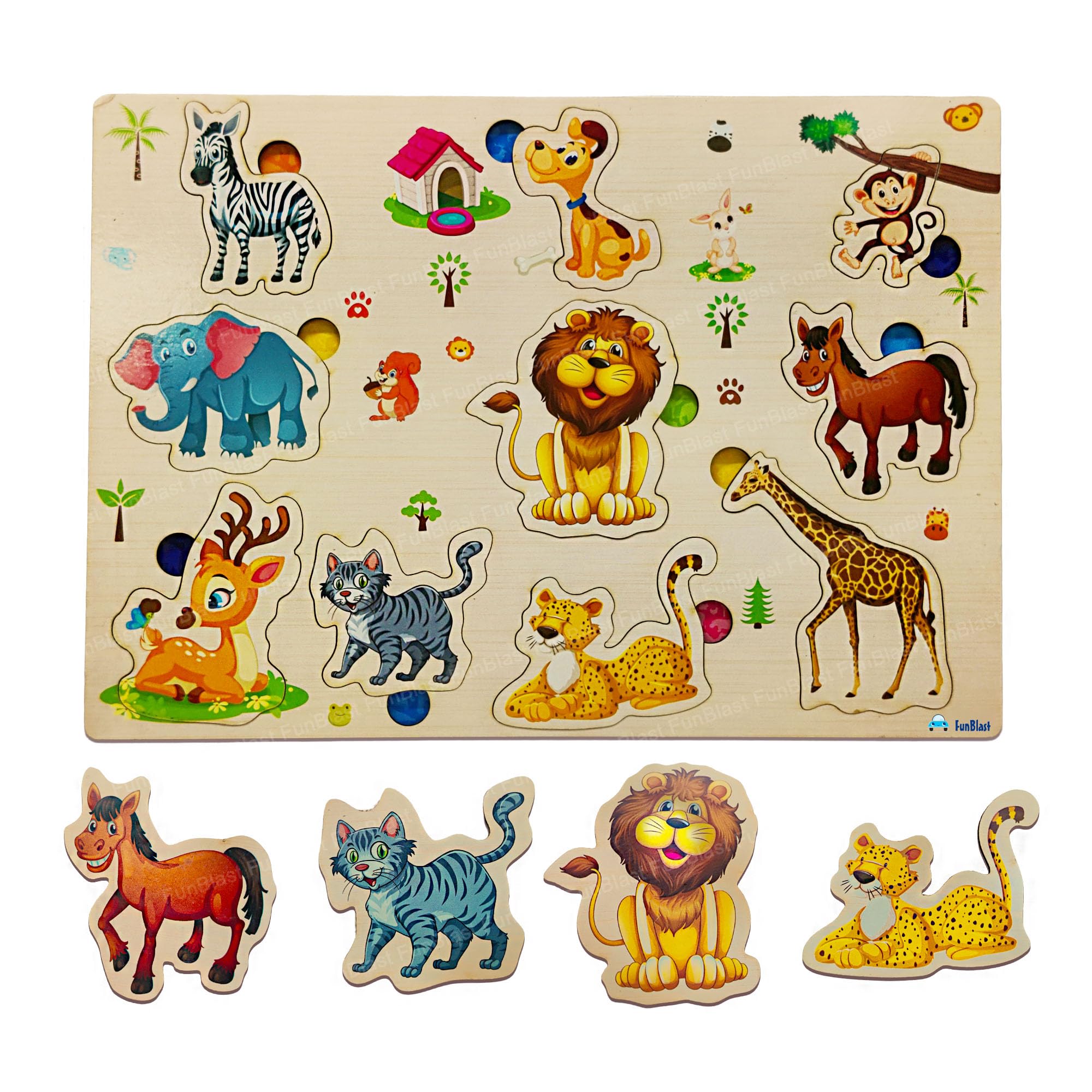 FunBlast Wooden Animal Puzzle Board for Kids – Montessori Learning & Shape Sorting Toy, DIY Educational Matching Game for Preschoolers – Perfect for Home, Classroom & Travel Playtime