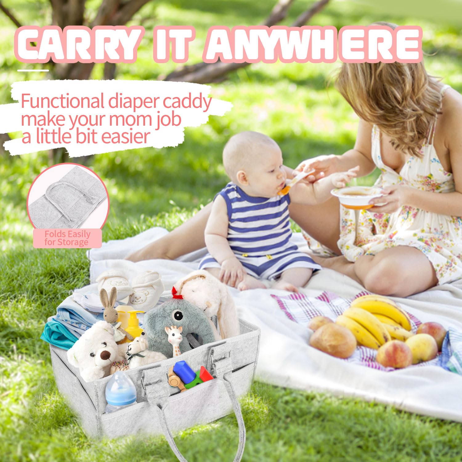 Portable Baby Diaper Caddy Organizer with Handle - Nursery Storage & Changing Table Organizer - Felt Diaper Bag for Car, Baby Shower Gifts & Essentials - Perfect for Home, Travel & On-the-Go Parents