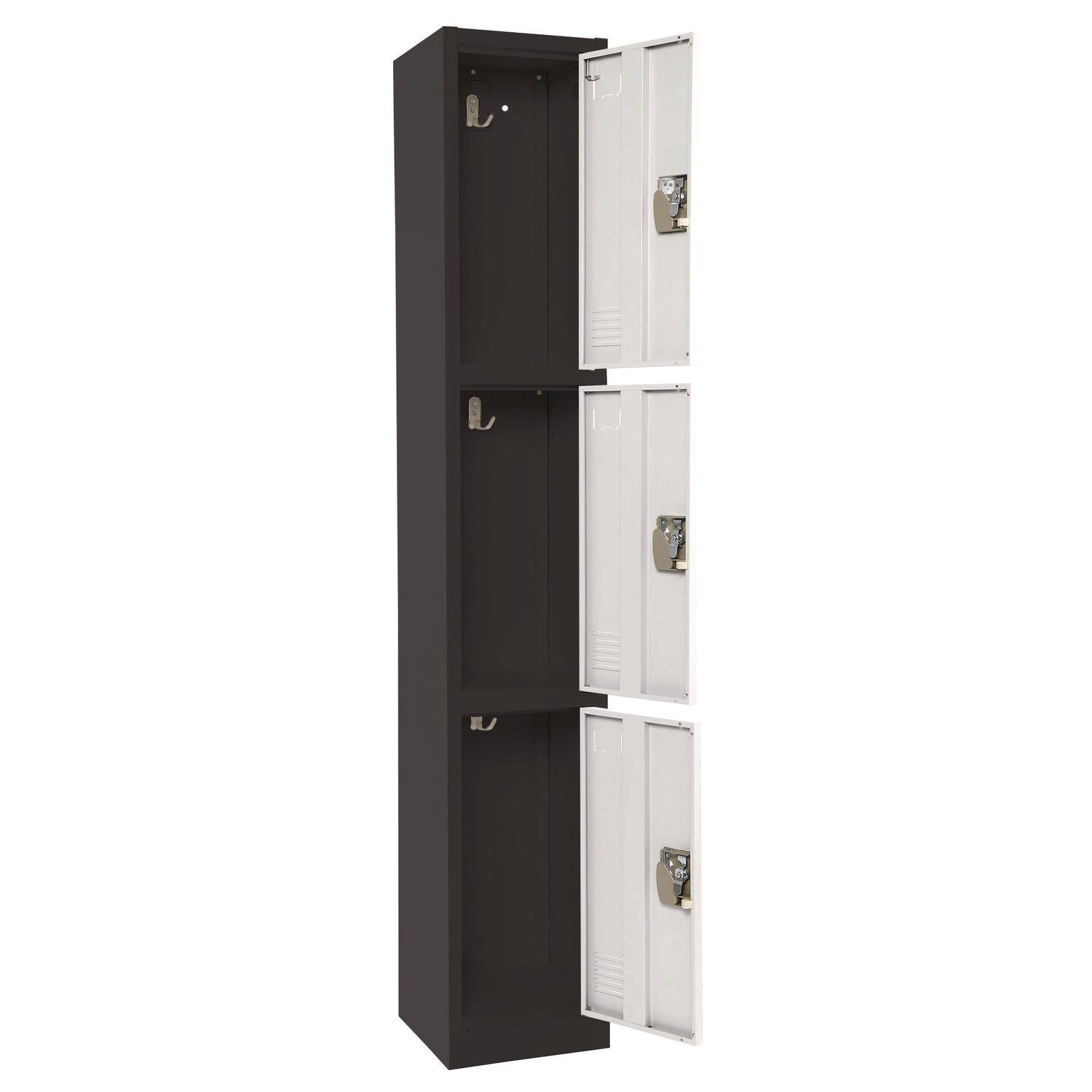 Steel Storage Locker with 3 Compartments - 12 x 12 x 72 Inches, Black Body & White Doors - Heavy-Duty School, Gym, or Office Locker for Secure Storage