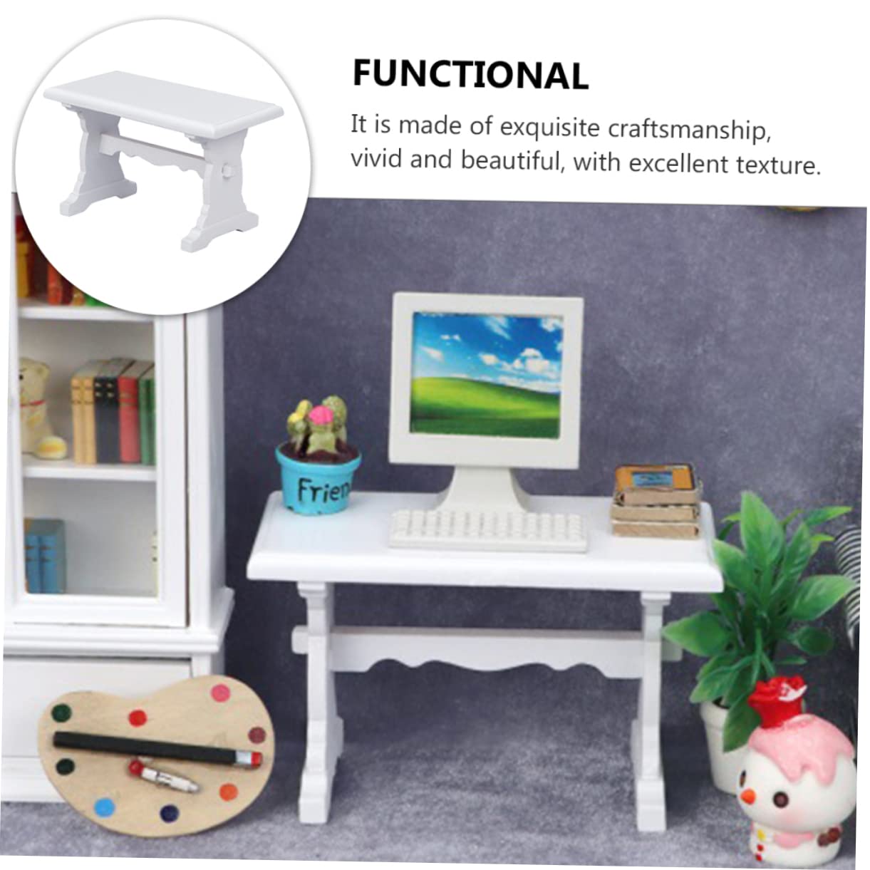1:12 Scale Miniature White Wooden Computer Desk - Dollhouse Mini Furniture for Study & Office - Perfect for Dollhouse, Mini Model House, and DIY Miniature Scenes