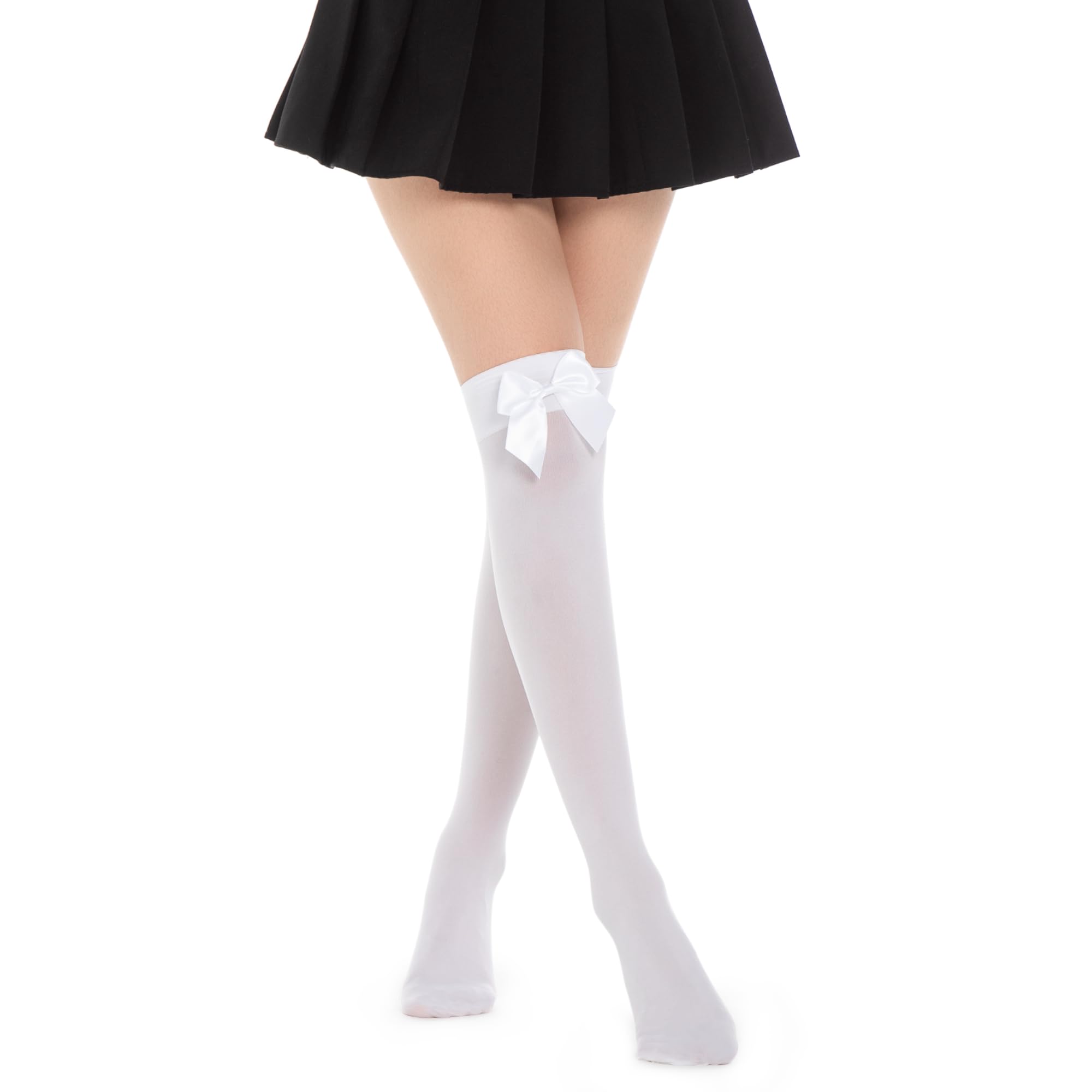 2025 Upgraded Women's White Thigh High Stockings - Anti-Slip Knee High Socks with Elegant Satin Bows | Perfect for Cosplay, Party Outfits & Winter Fashion