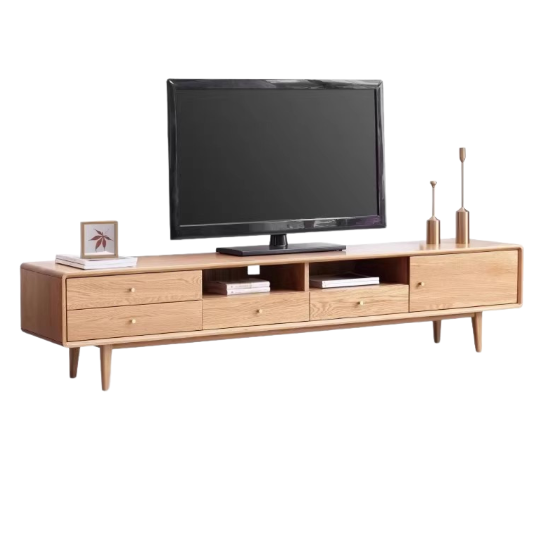 Solid Oak Wood TV Stand - Modern Entertainment Center with Storage Shelves for Living Room, Bedroom & Home Theater