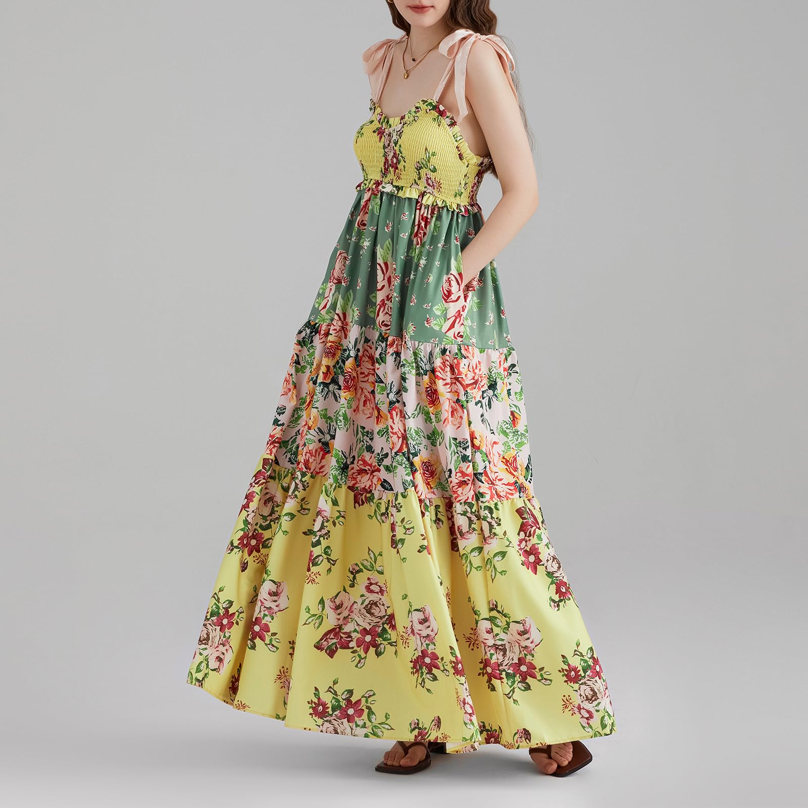 Women's Summer Casual Maxi Dress - Boho Sleeveless Tie-Up Flowy Long Dress with Cutout Details | Perfect for Vacation, Beach, Music Festivals & Summer Outings