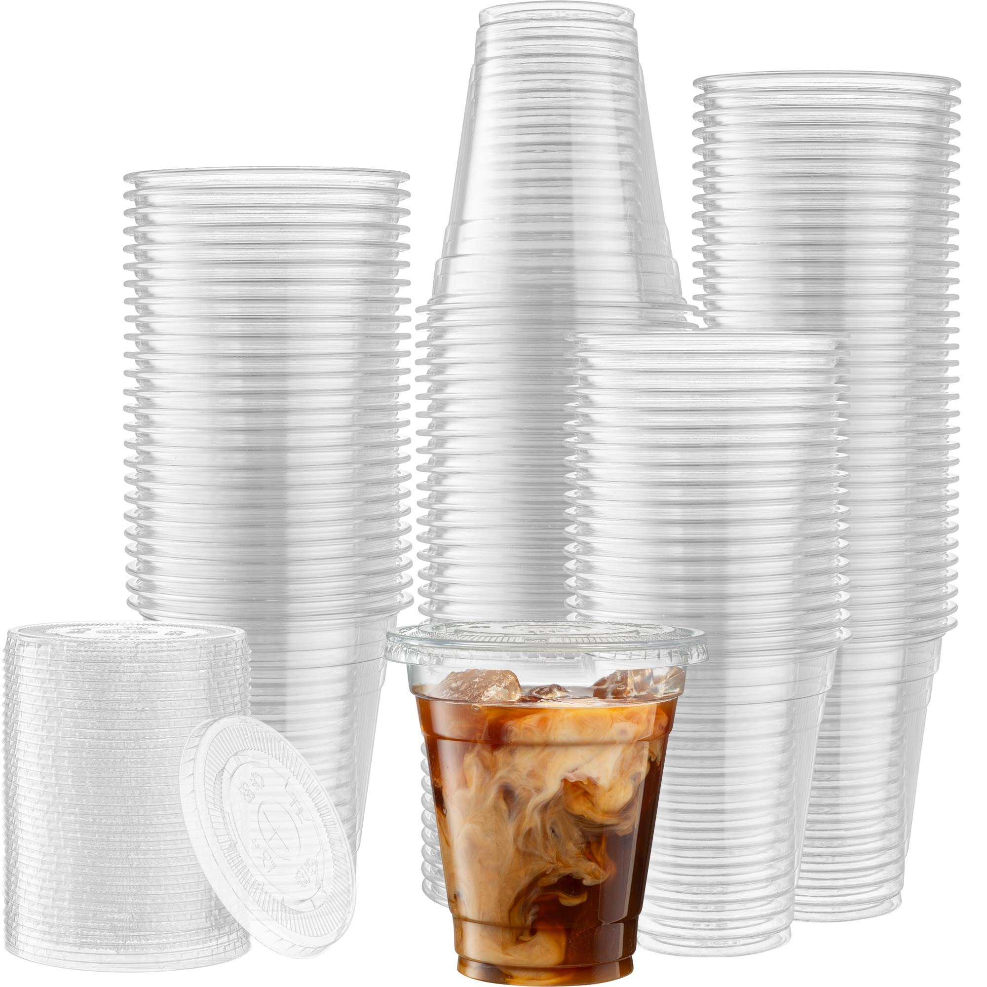 50 Sets - 12 Oz Clear PET Plastic Cups with Lids for Iced Coffee, Cold Drinks, Milkshakes, Smoothies - Perfect for Parties, Cafes, and Takeout Beverages