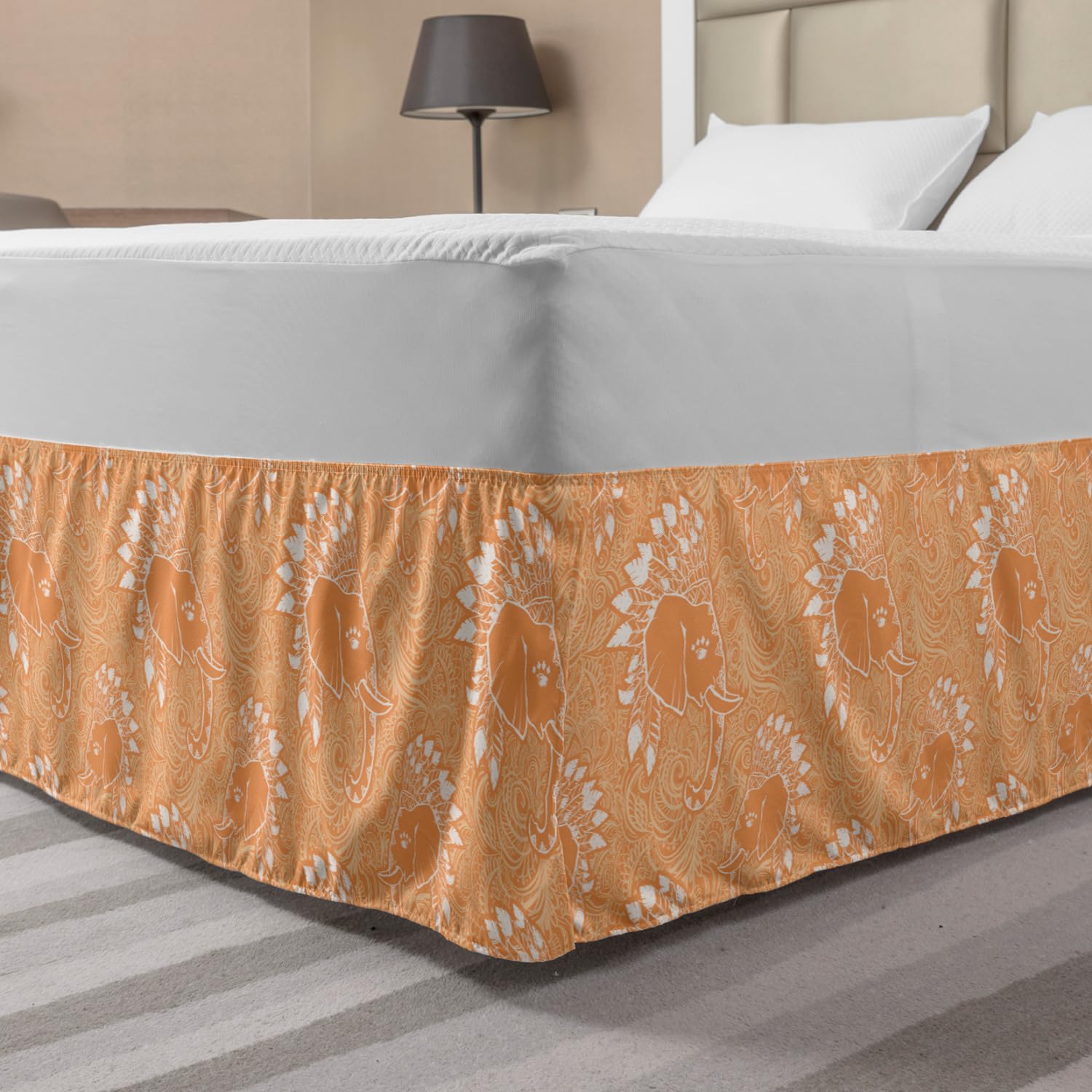 Ambesonne Boho Elastic Bed Skirt - King Size Pale Orange & White Wrap Around Dust Ruffle with Elephant Hat Feather Design | Perfect for Bohemian Bedroom Decor & Guest Room Styling