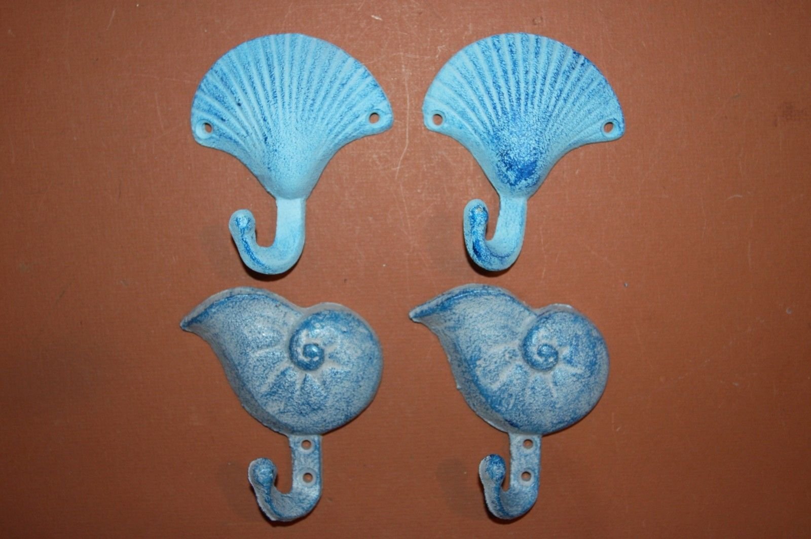 Aqua Blue Seashell Wall Hooks Set of 4 - Decorative Bathroom Hooks for Towels, Robes & Beach Accessories - Perfect for Coastal Bathroom Decor & Beach House Style
