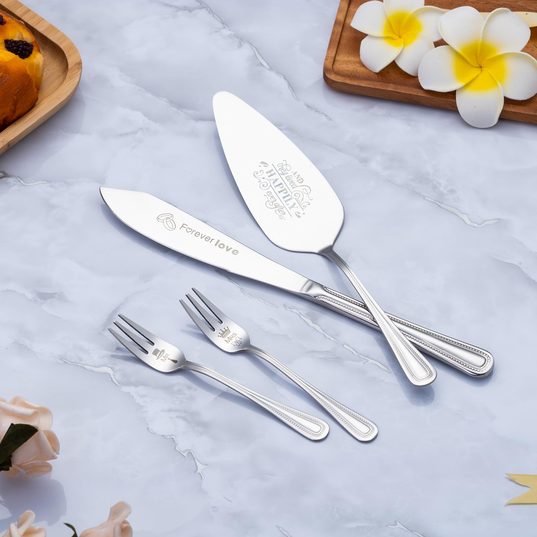 Elegant Silver Wedding Cake Cutting Set - Cake Knife & Server with Mr & Mrs Forks - Perfect for Wedding, Bridal Shower & Anniversary Gifts - Ideal for Cake Cutting Ceremonies and Romantic Celebrations