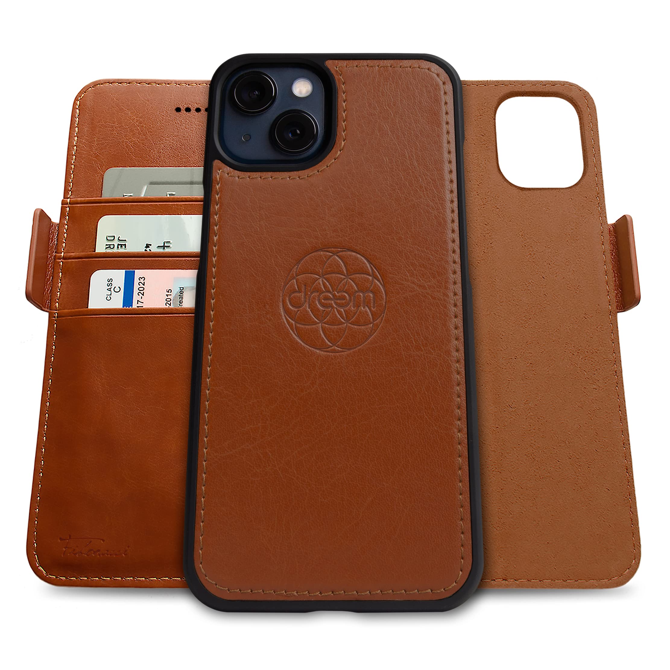 Dreem Fibonacci Vegan Leather Wallet Case for iPhone 13 - 2-in-1 Detachable Magnetic Cover with Built-in Kickstand & RFID Blocking Card Holder | MagSafe Compatible | Caramel Brown | Perfect for Work, Travel & Everyday Use