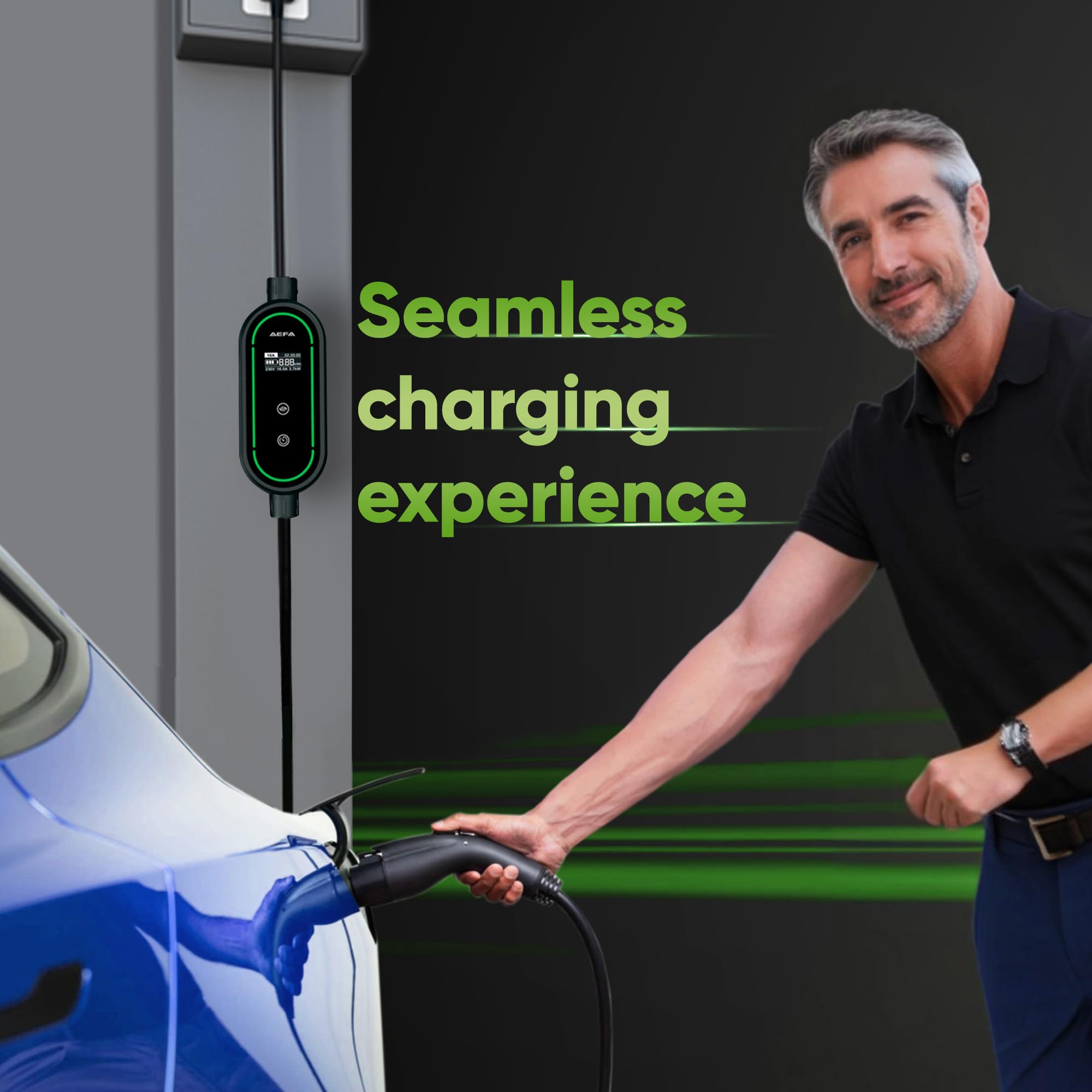 AEFA - NEMA 14-30 24 AMP 32 FT Adjustable Level 2 EV Charger - Portable J1772 Electric Vehicle Charger with LED Display - Perfect for Home, Office & Travel Charging
