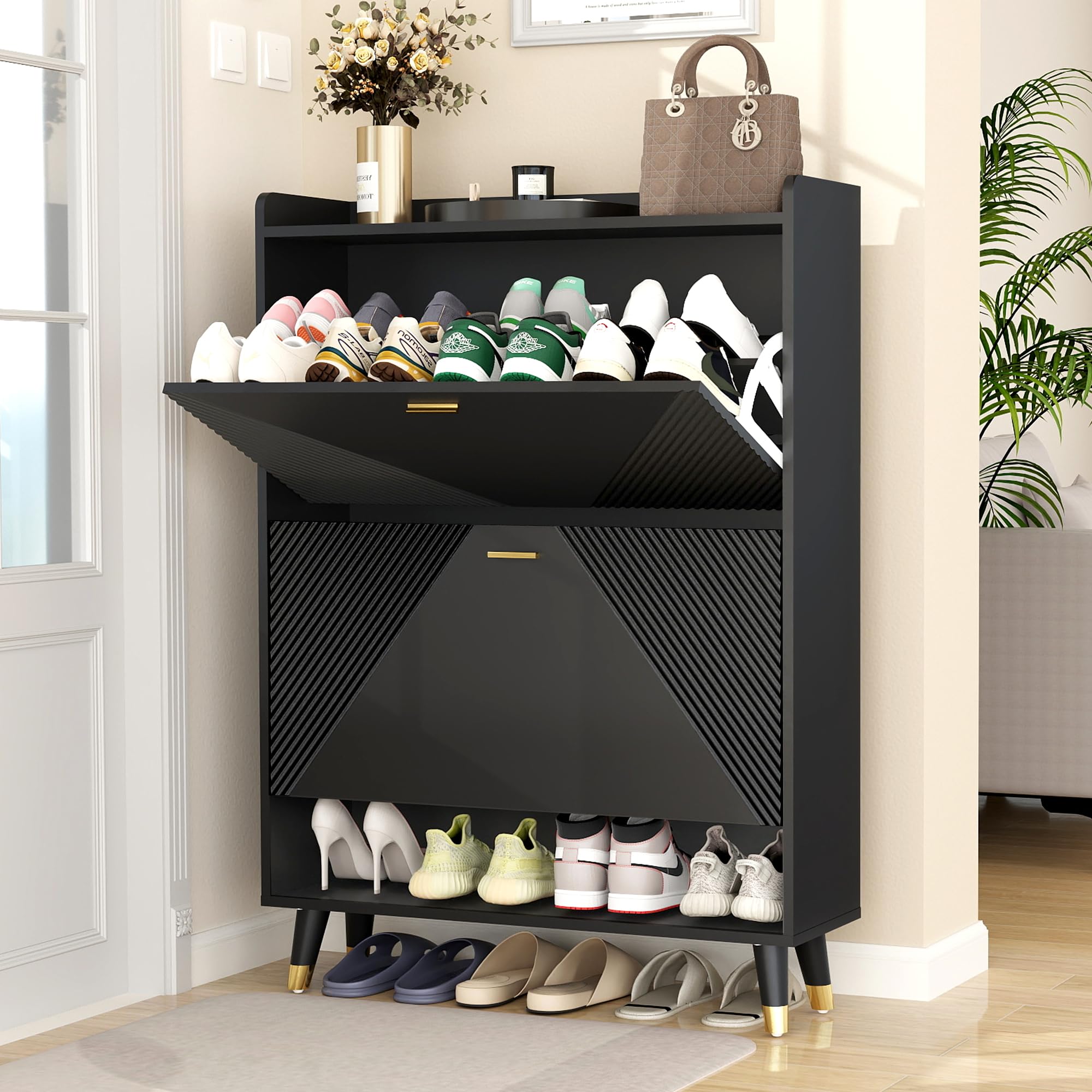 Black Wooden Shoe Storage Cabinet with Coat Hooks - Slim Entryway Shoe Organizer with 2 Flip Drawers & Hidden Doors - Perfect for Small Spaces, Hallways & Apartment Entry Organization