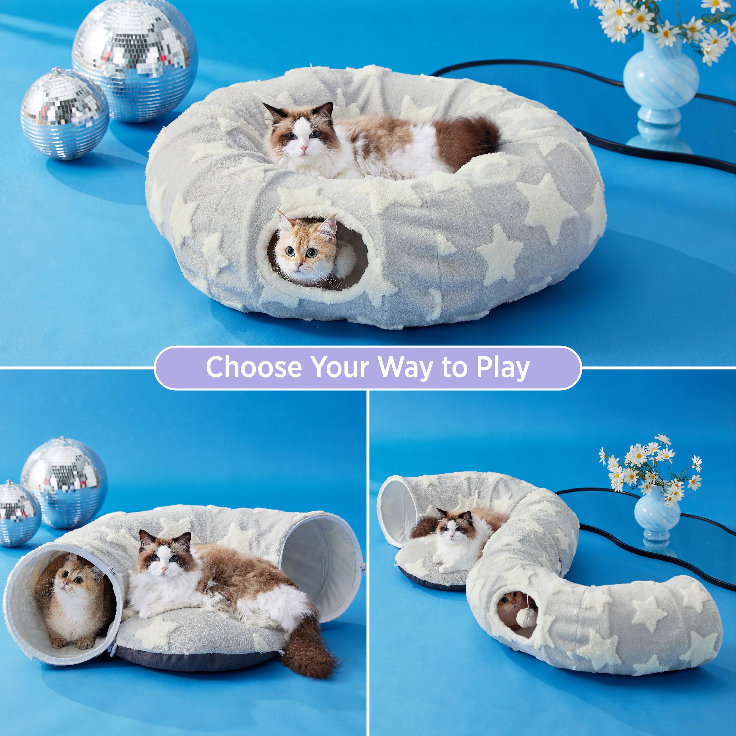 Lesure Cat Tunnel Bed for Indoor Cats - Washable Donut Tunnel with Cushion, Round Peekaboo Hideaway Toy for Kittens, Puppies & Rabbits (Grey) - Perfect for Playtime & Nap Time