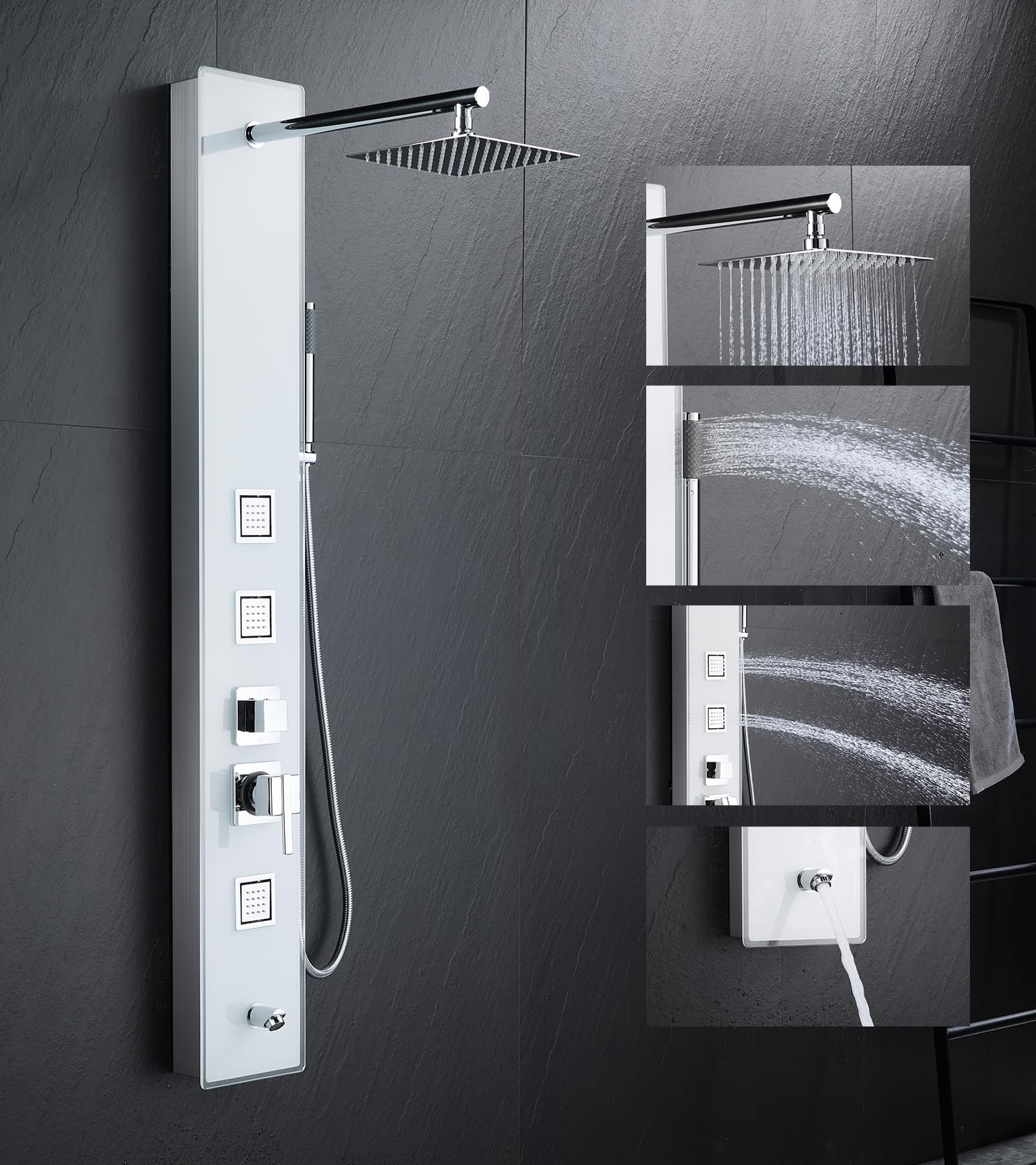 Premium White Tempered Glass Shower Panel Tower System - 304 Stainless Steel Wall Mounted Shower Column with 8